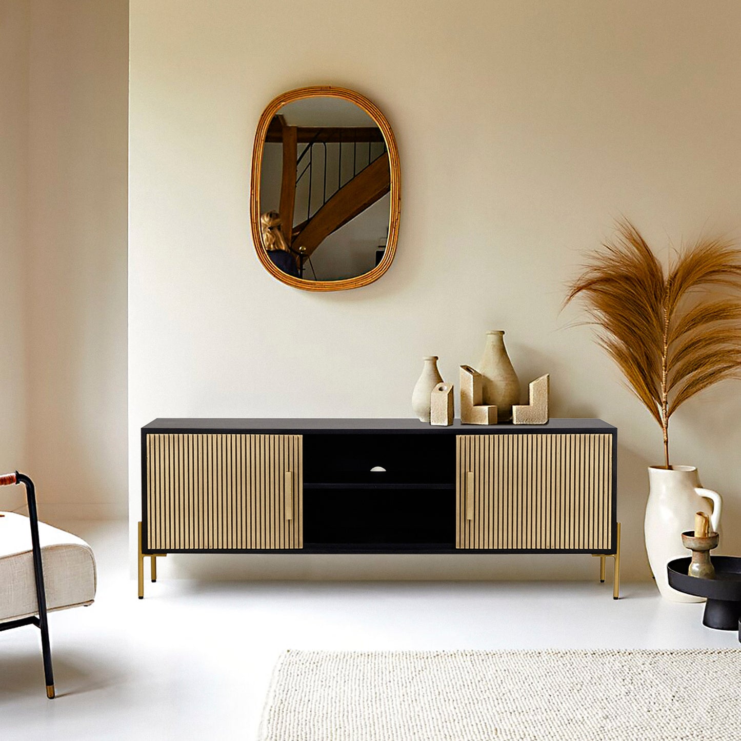Auris Fluted TV Unit – Media Console in Black & Gold