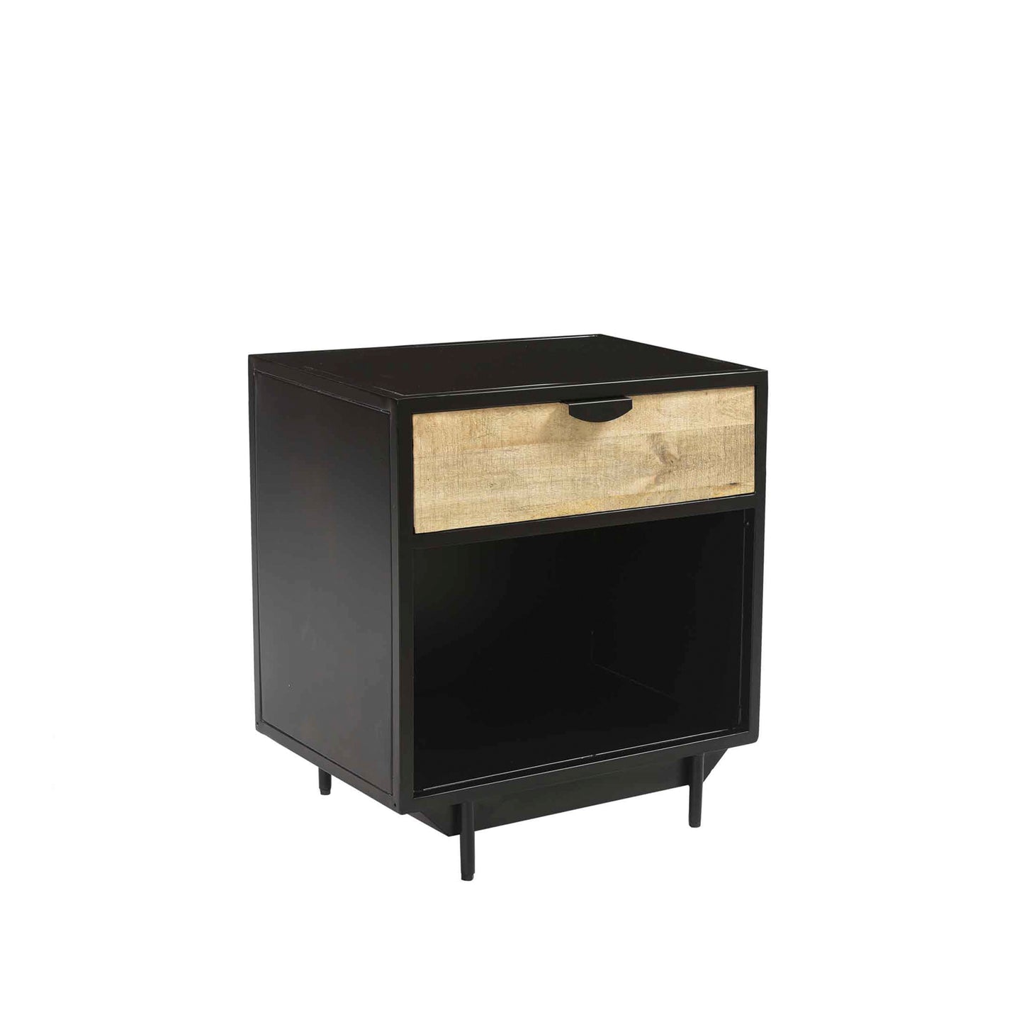 Industrial Black Metal Bedside Table with Natural Wood Drawer