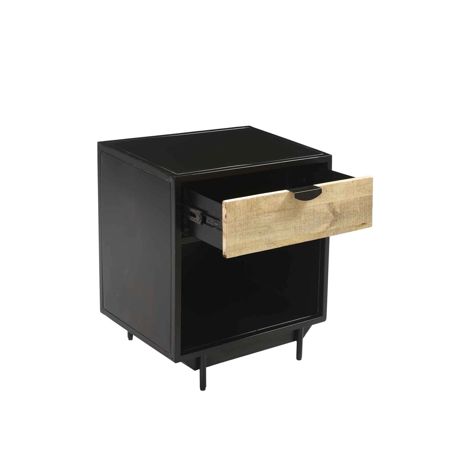 Industrial Black Metal Bedside Table with Natural Wood Drawer