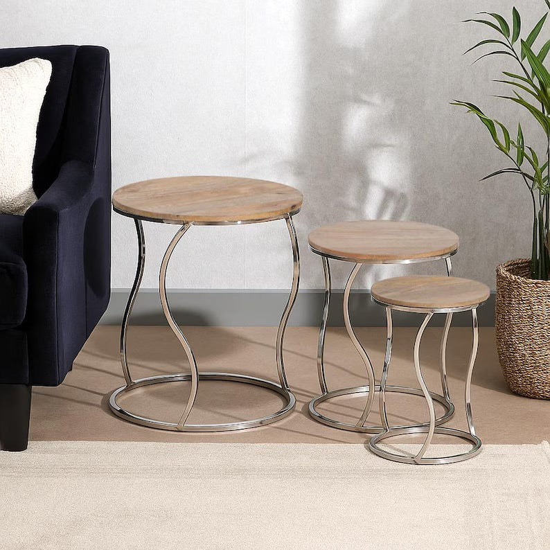 Set of 3 Mango Wood Nesting Tables | Modern Round Side Tables with Curved Steel Legs