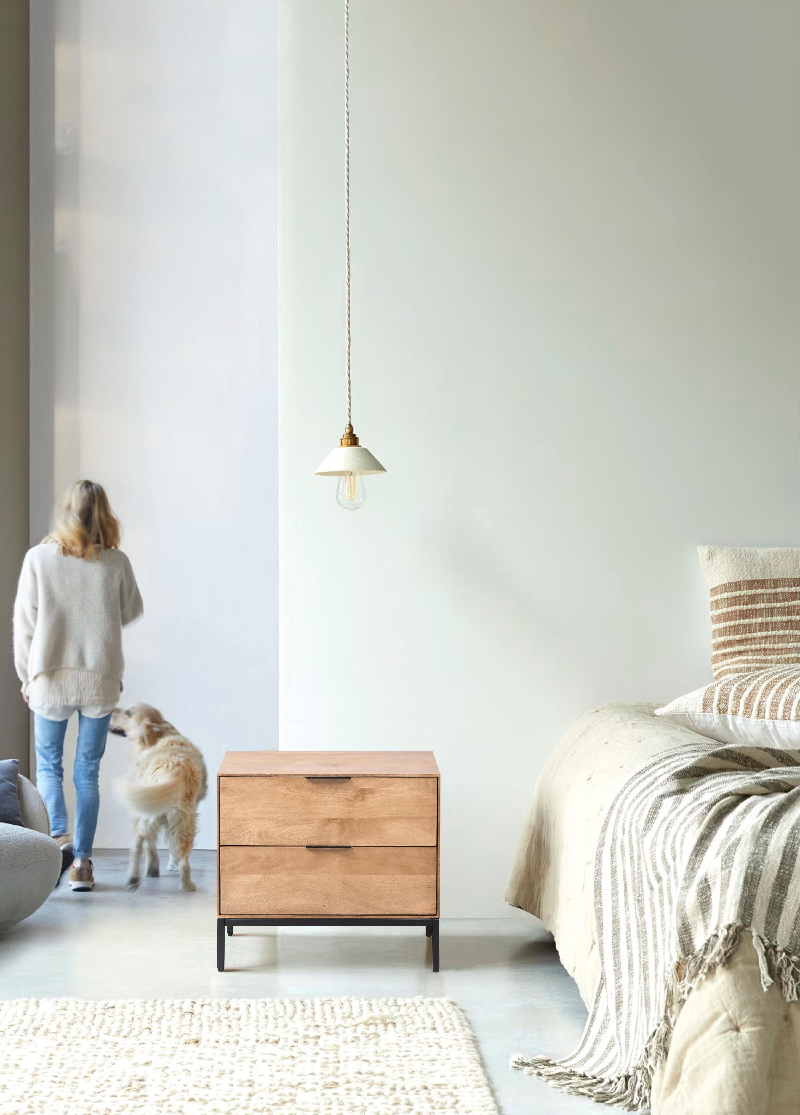 Modern Minimalist Wooden Bedside Table 2 Drawers