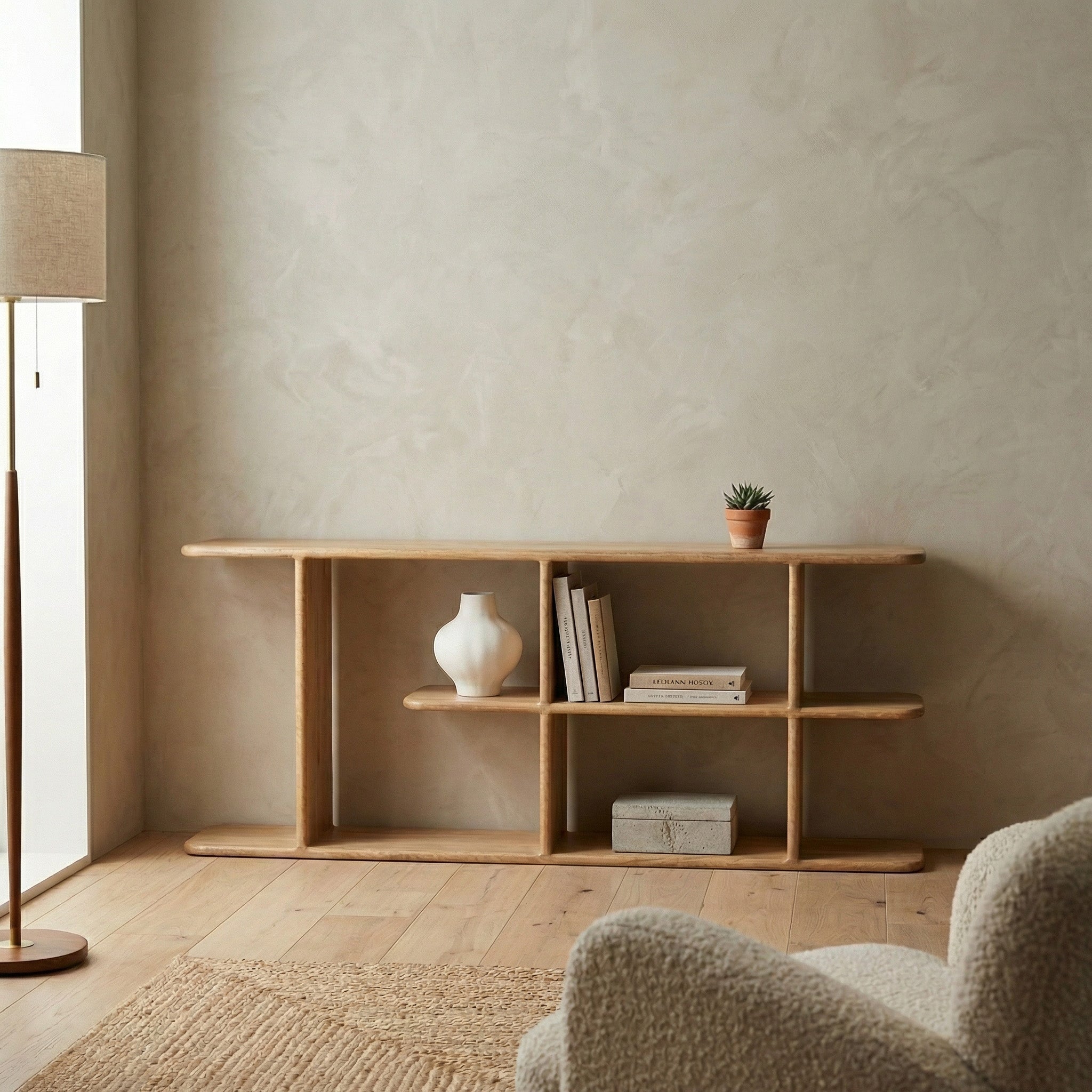 Solid Wood Low Library Shelf | Scandinavian Style Open Bookcase, Living Room Console