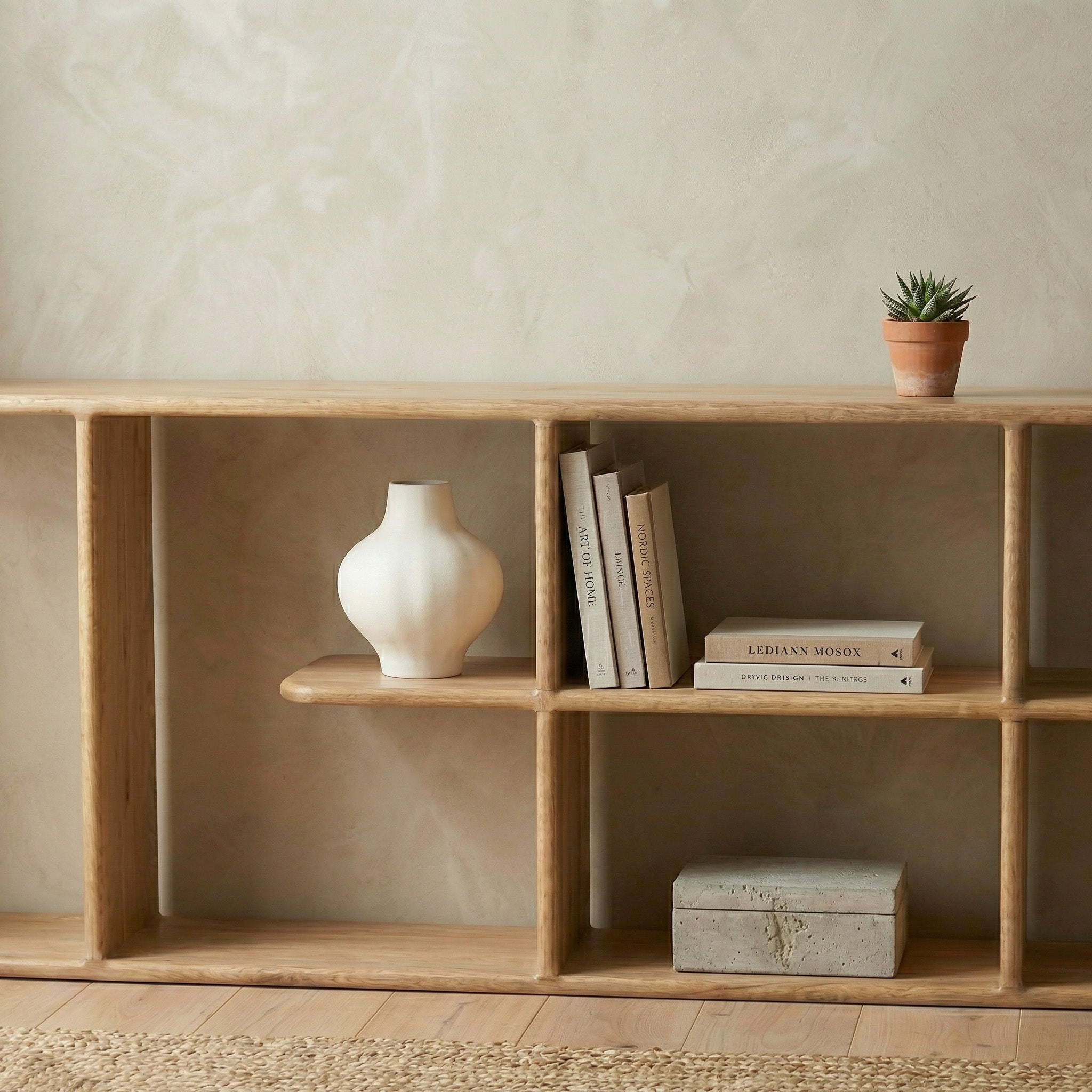 Solid Wood Low Library Shelf | Scandinavian Style Open Bookcase, Living Room Console