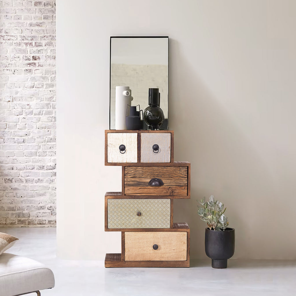 5-Drawer Storage Cabinet with Zig-Zag Design | Mango Wood & Metal Clad Chest of Drawers