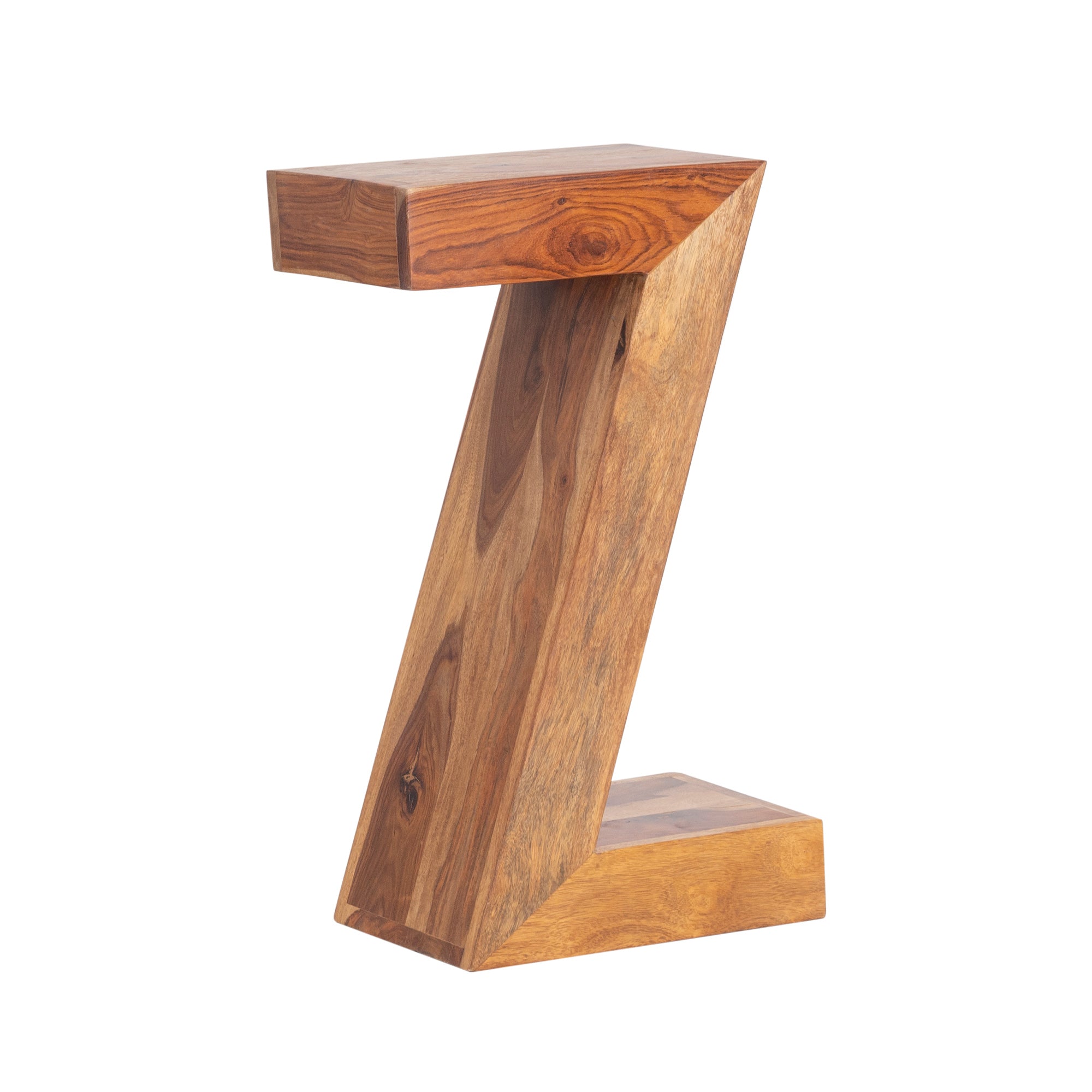 Natural Sheesham Wood Z-Base Accent Table – Modern Sculpted Sofa Side Stand