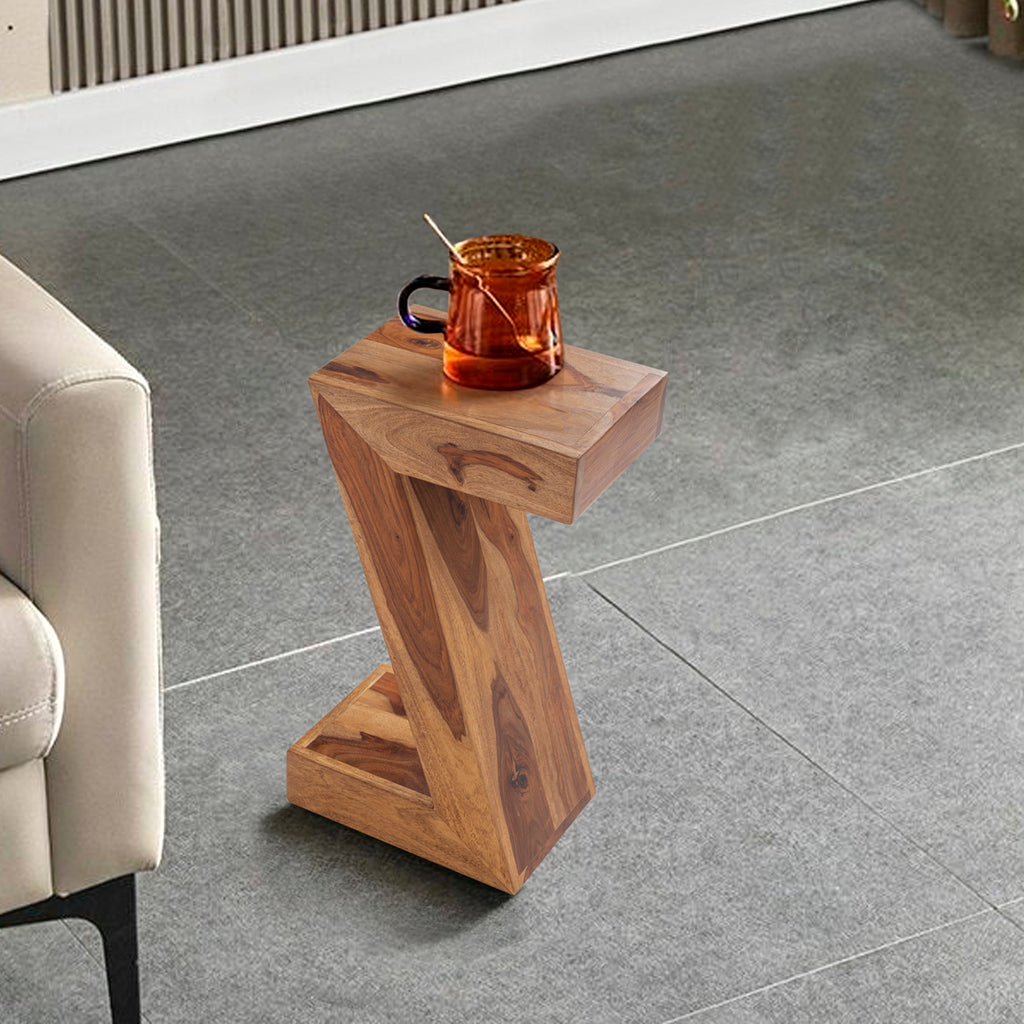 Natural Sheesham Wood Z-Base Accent Table – Modern Sculpted Sofa Side Stand
