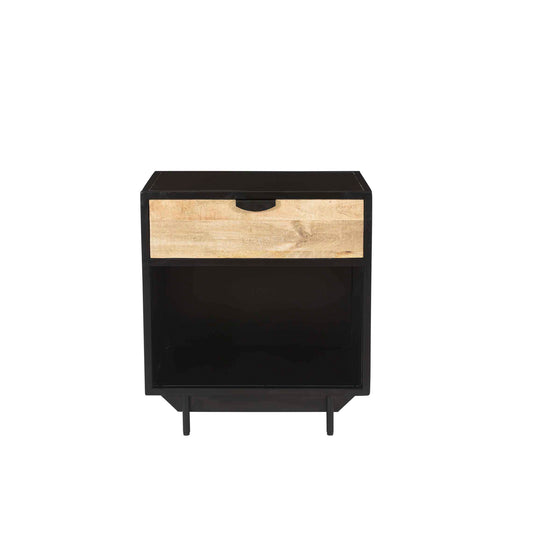 Industrial Black Metal Bedside Table with Natural Wood Drawer