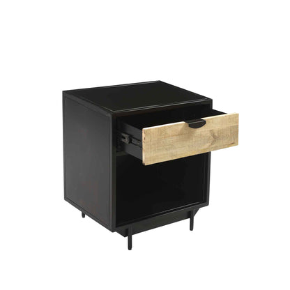 Industrial Black Metal Bedside Table with Natural Wood Drawer