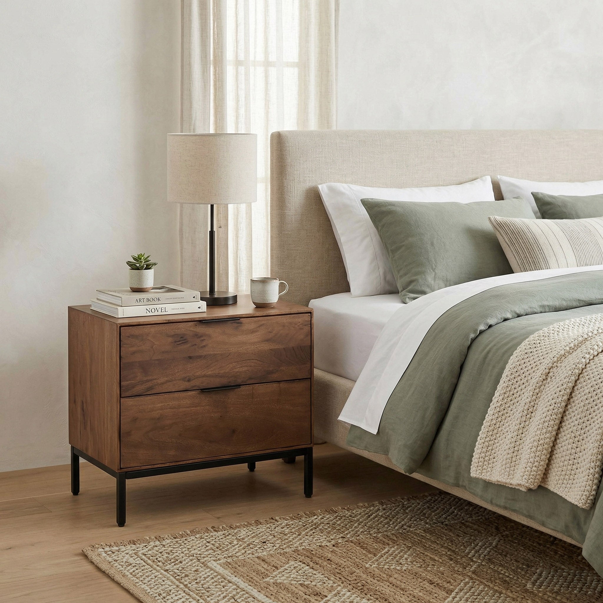 Modern Walnut Wood Bedside Table