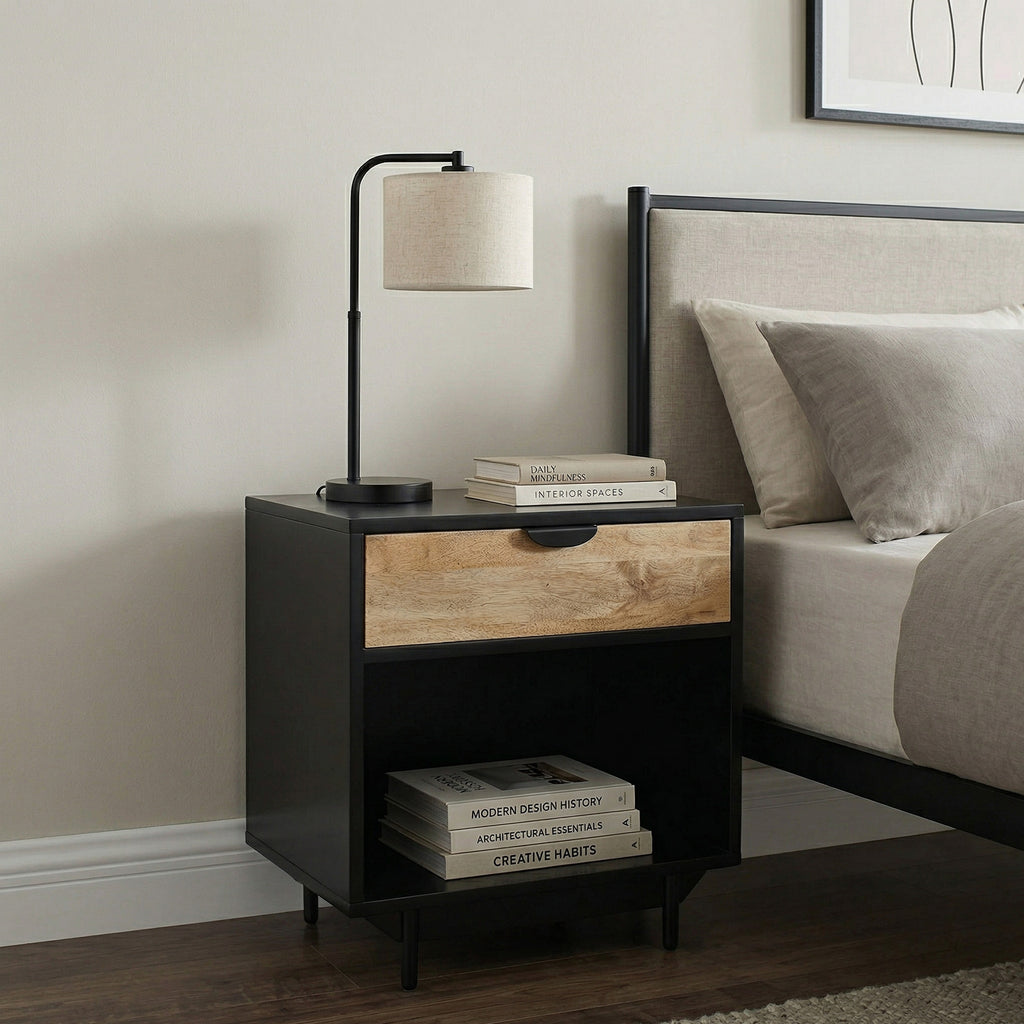 Industrial Black Metal Bedside Table with Natural Wood Drawer