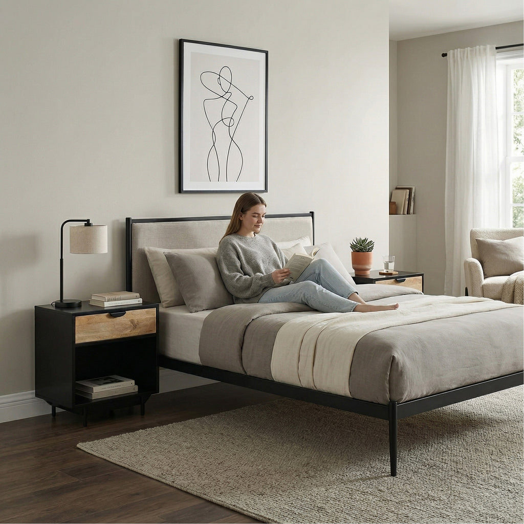 Industrial Black Metal Bedside Table with Natural Wood Drawer