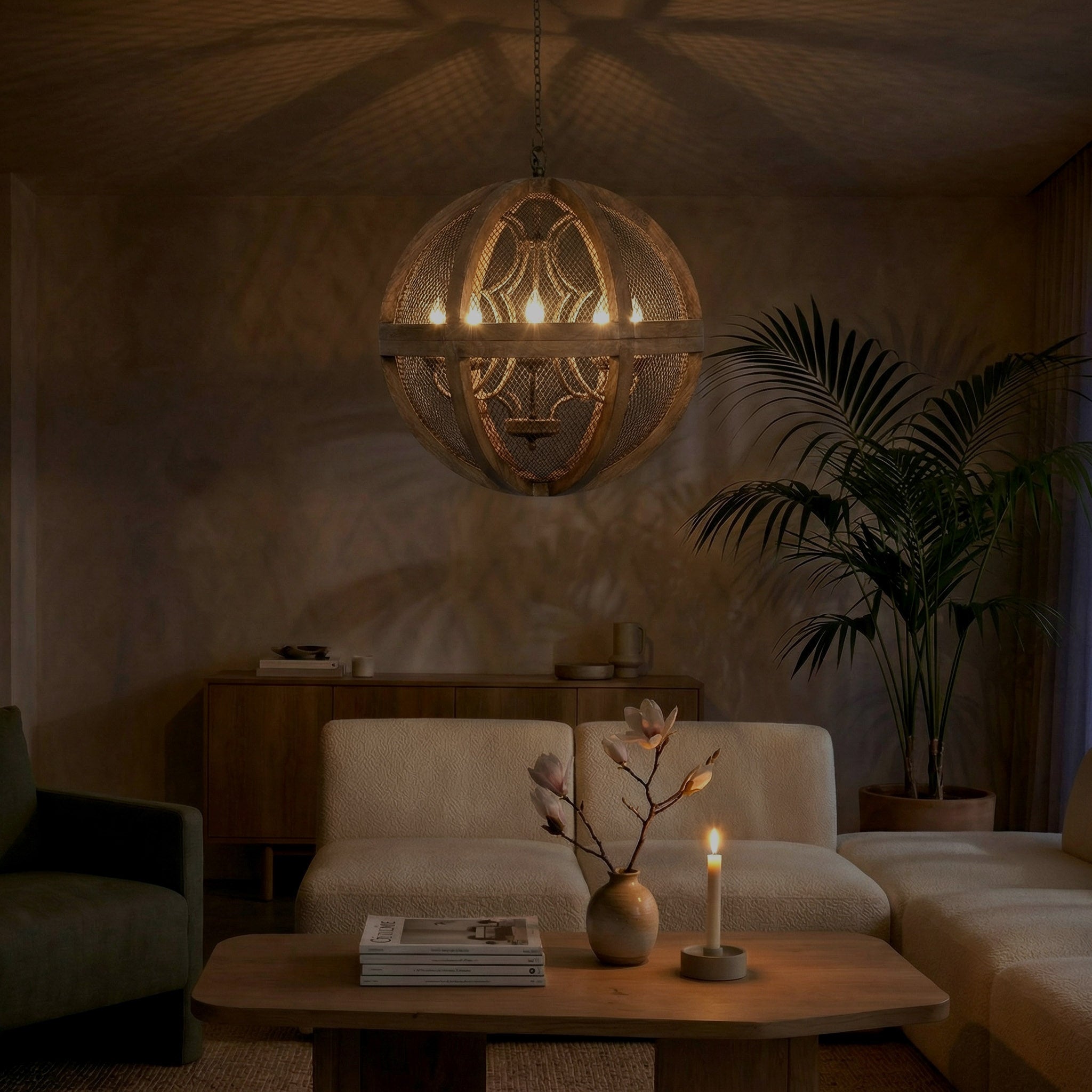 Round Wood Sphere Mesh Chandelier