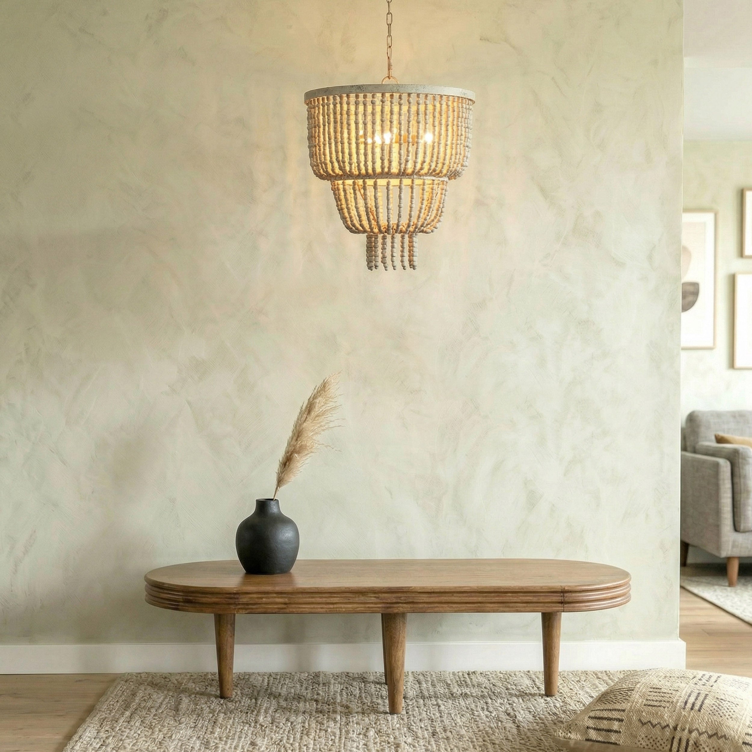 Antique White Boho Ceiling Light, Rustic Two Tier Chandelier