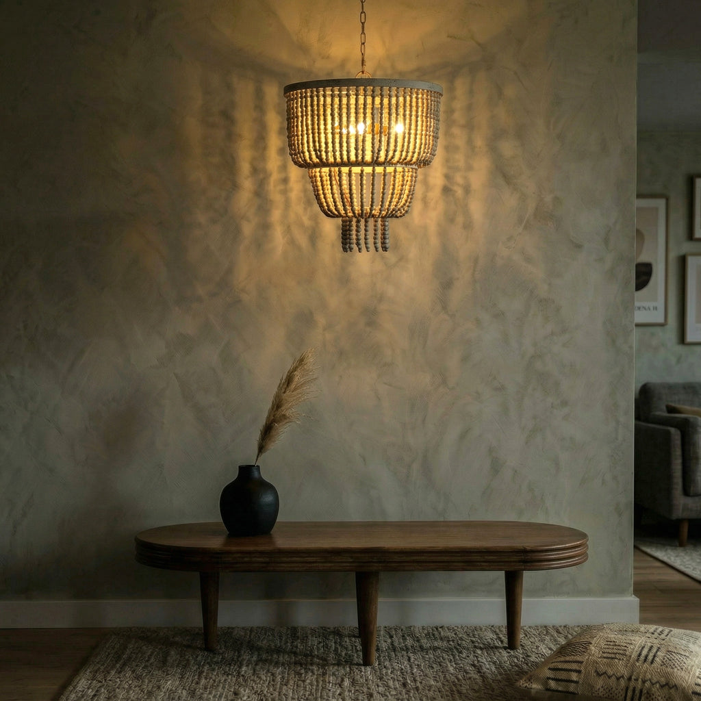 Antique White Boho Ceiling Light, Rustic Two Tier Chandelier