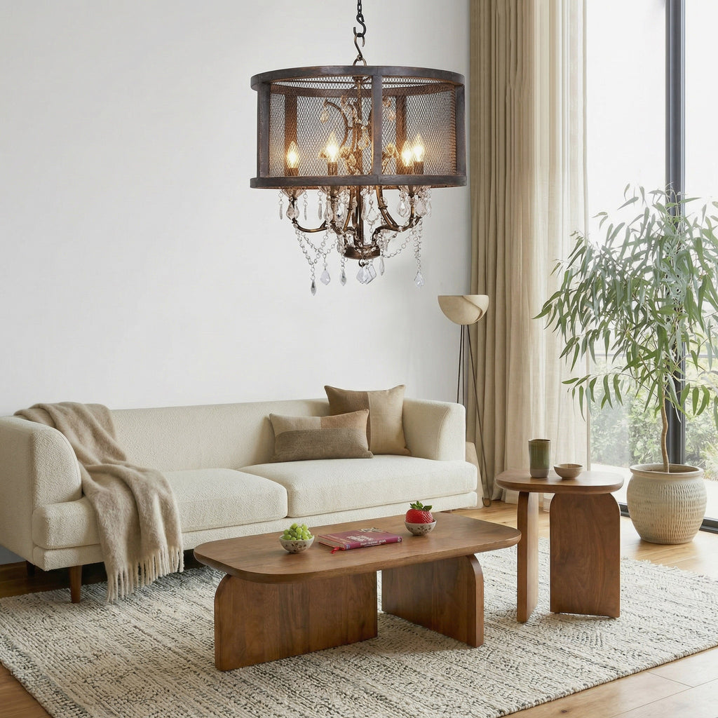 Wood Mesh Chandelier with Crystal Droplets (24")