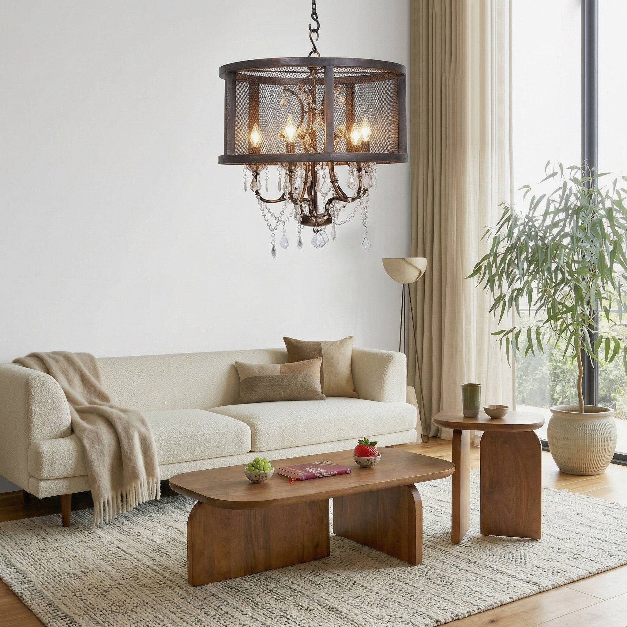 Wood Mesh Chandelier with Crystal Droplets (24")