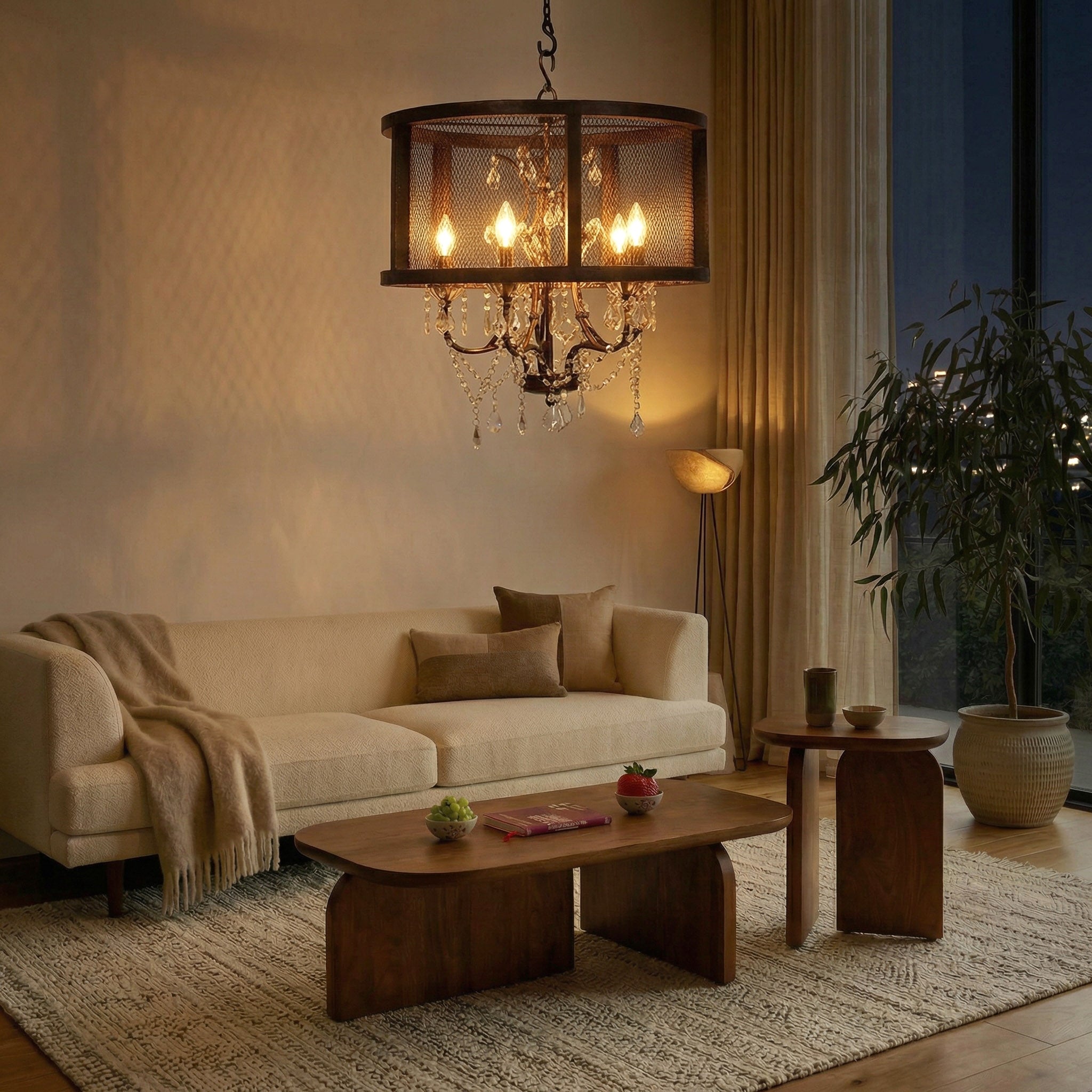 Wood Mesh Chandelier with Crystal Droplets (24")