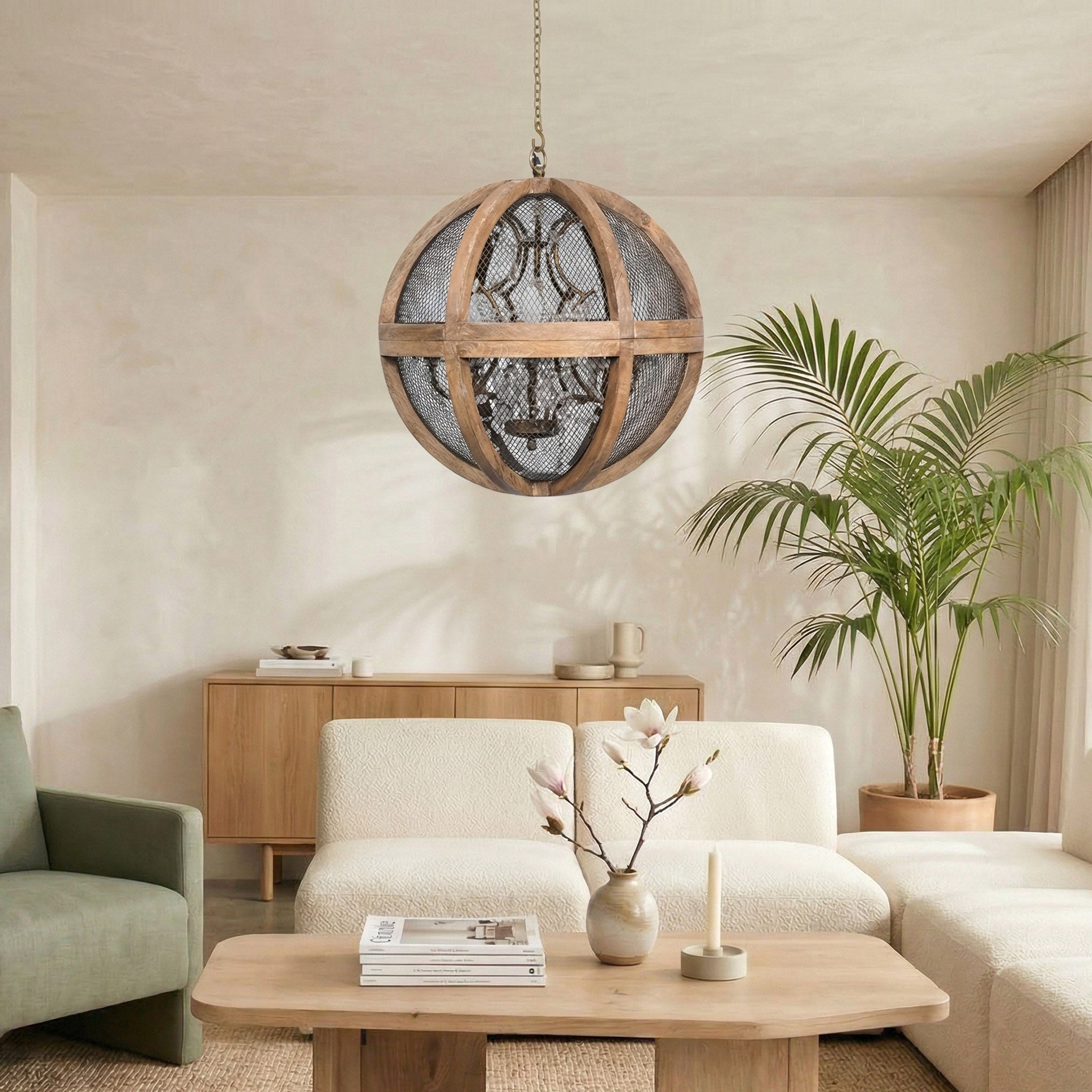Round Wood Sphere Mesh Chandelier