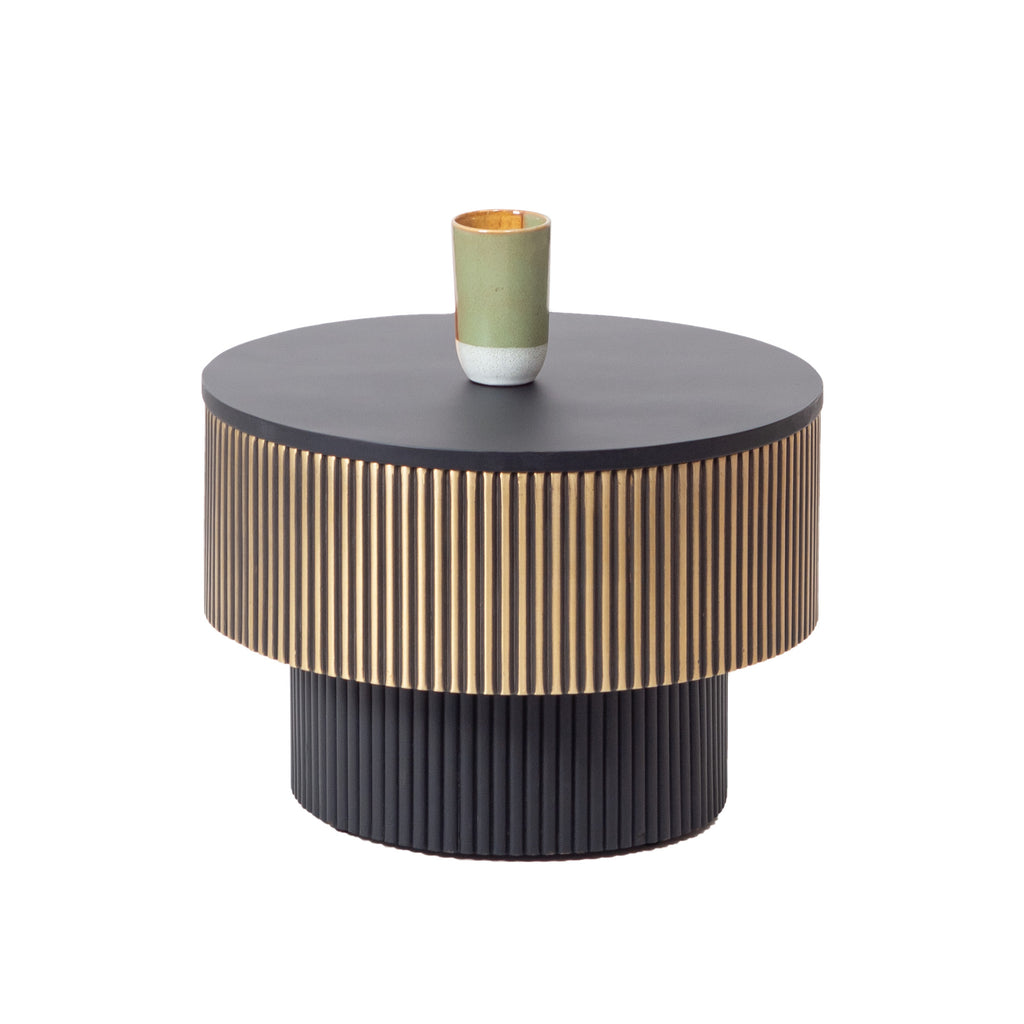 Modern Round Coffee Table with Metal Cladding – Black & Gold Designer Center Table
