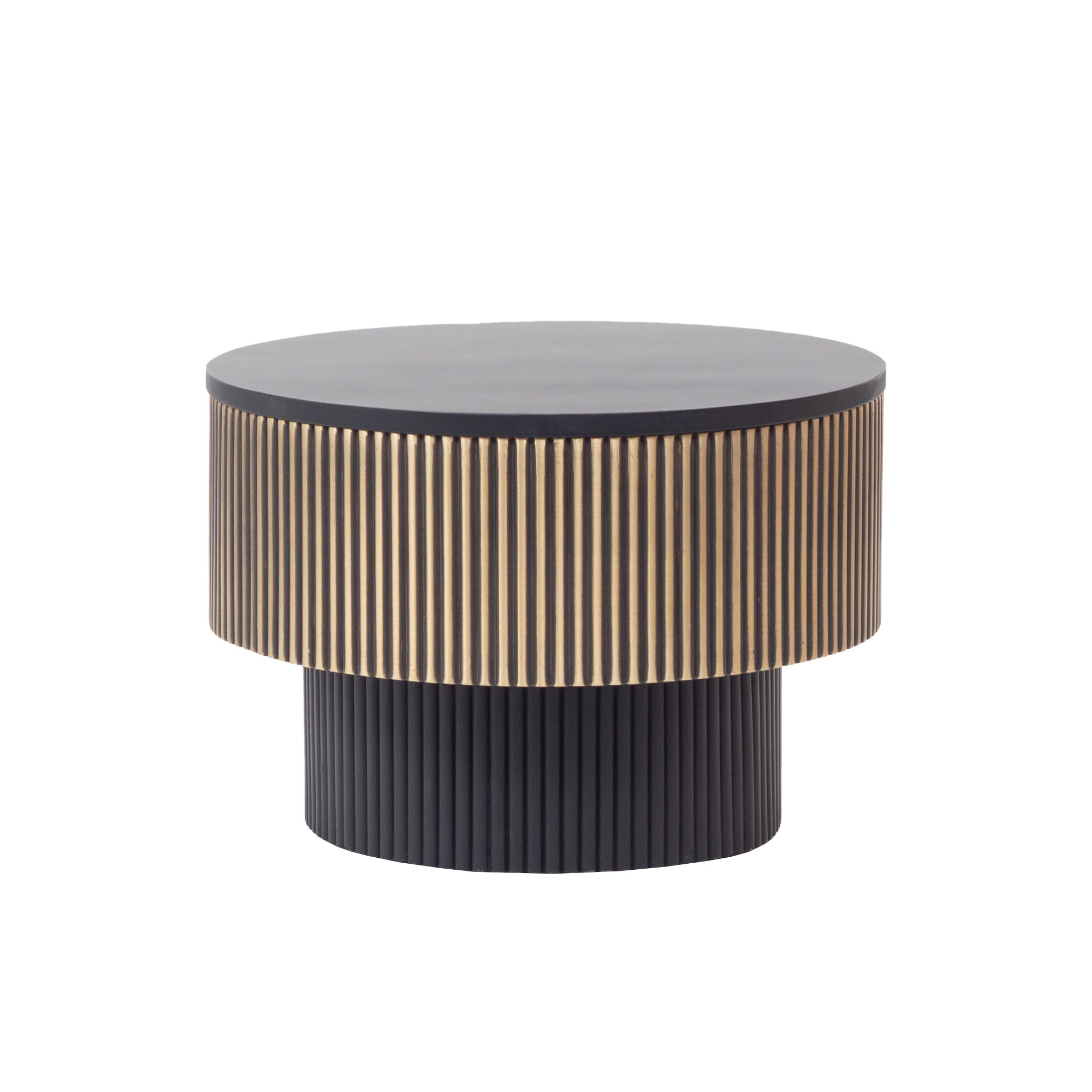 Modern Round Coffee Table with Metal Cladding – Black & Gold Designer Center Table