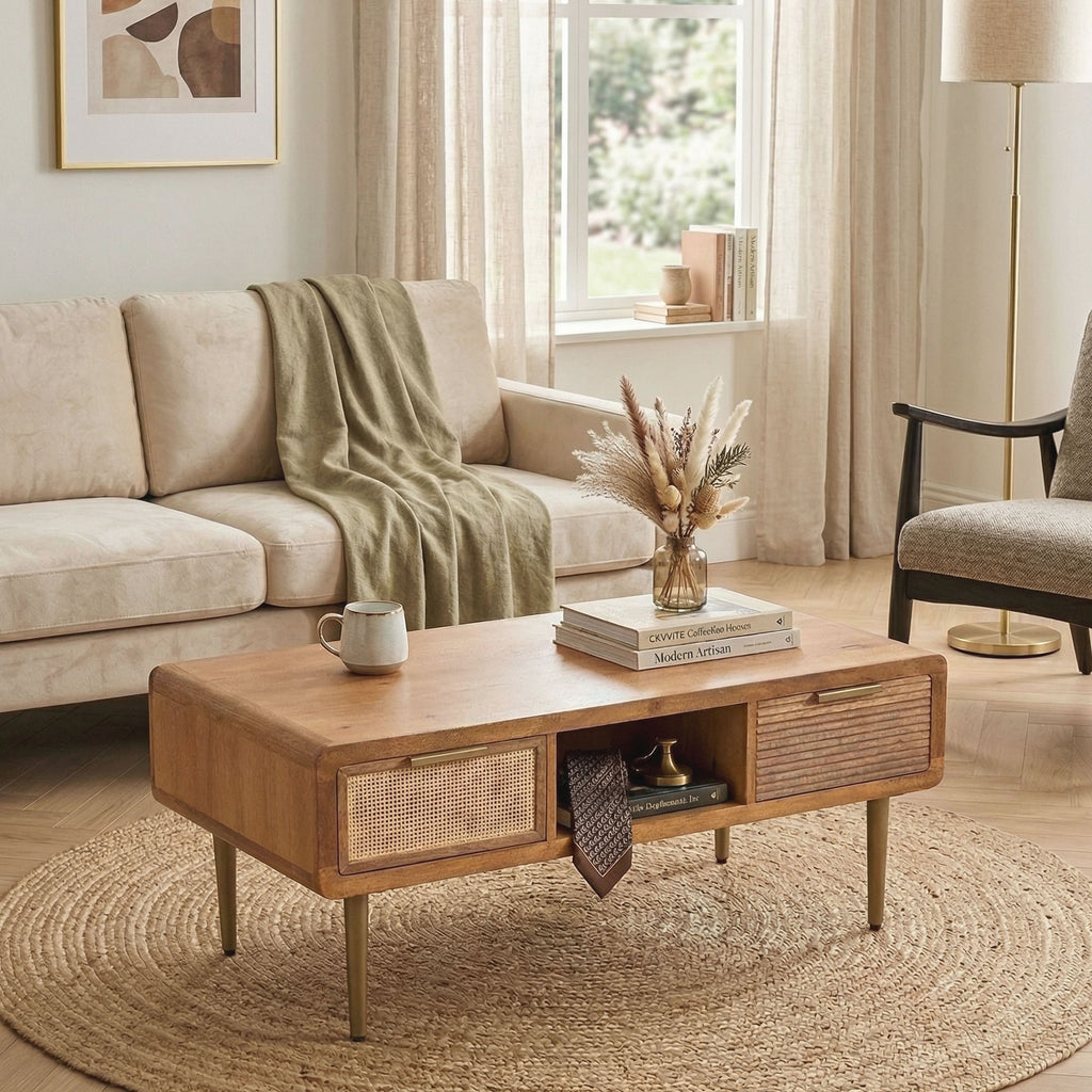 Mid-Century Modern Wood Coffee Table with Storage Drawers