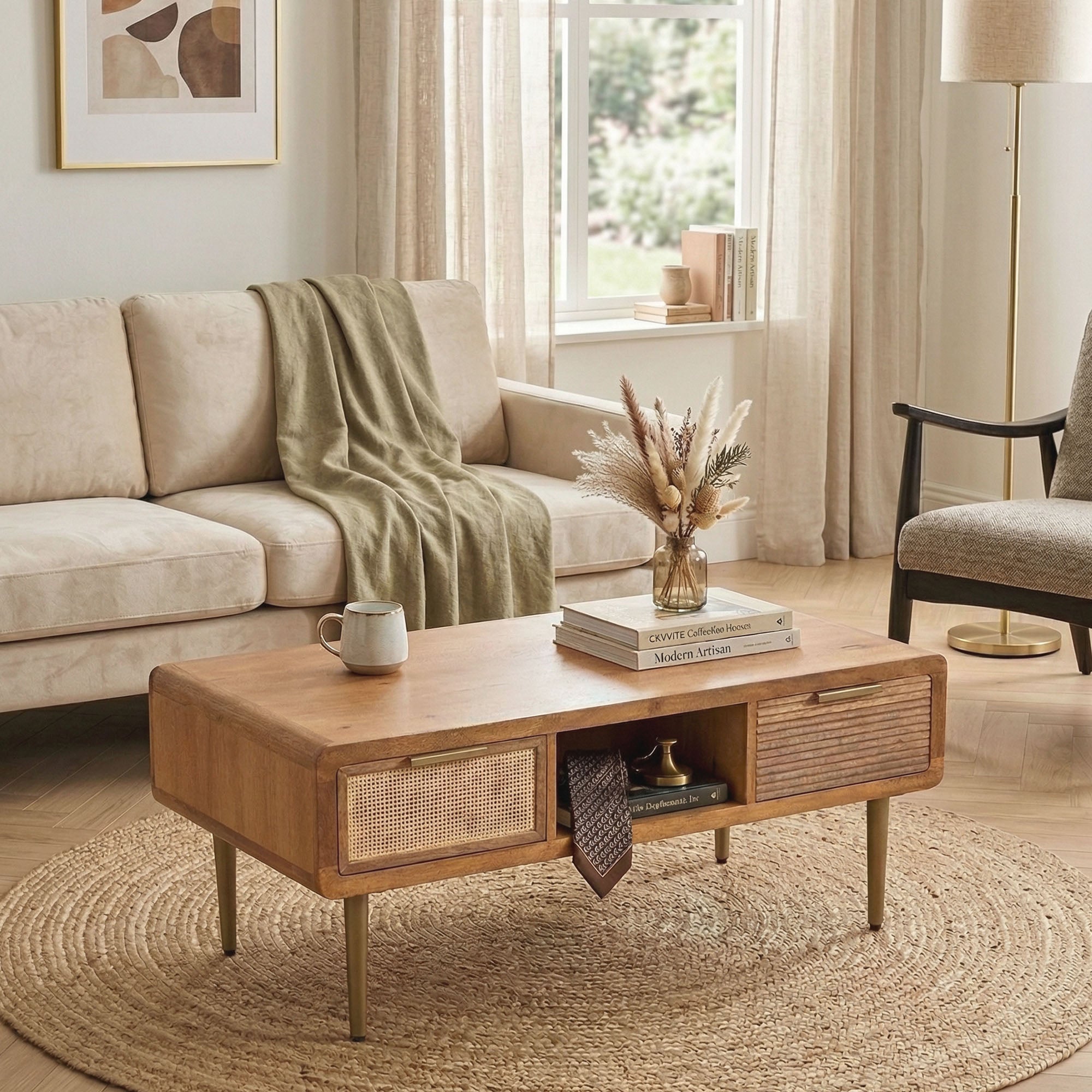Mid-Century Modern Wood Coffee Table with Storage Drawers