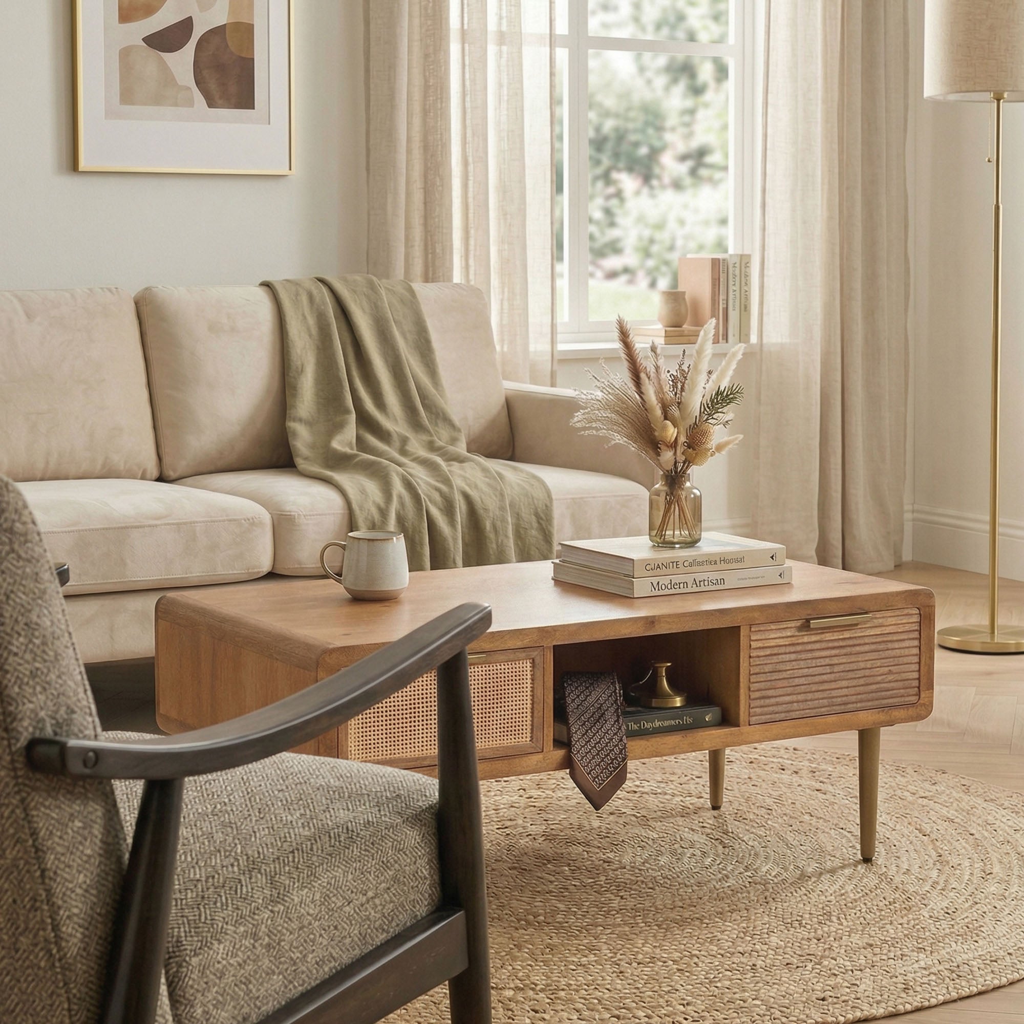 Mid-Century Modern Wood Coffee Table with Storage Drawers