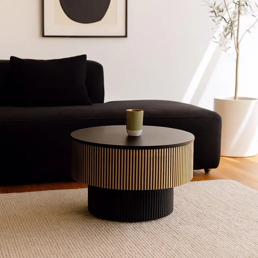 Modern Round Coffee Table with Metal Cladding – Black & Gold Designer Center Table