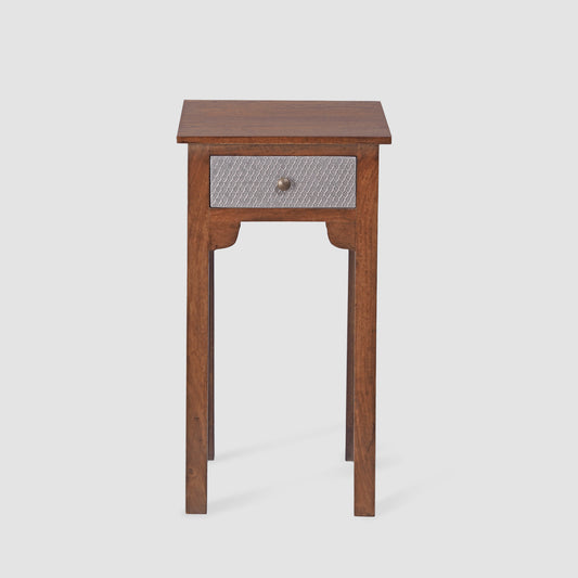 Handcrafted Wooden Bedside Table with Metal Drawer