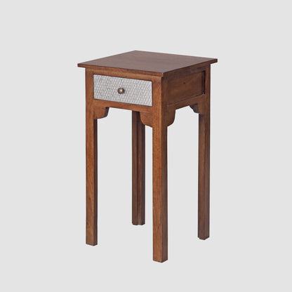 Handcrafted Wooden Bedside Table with Metal Drawer