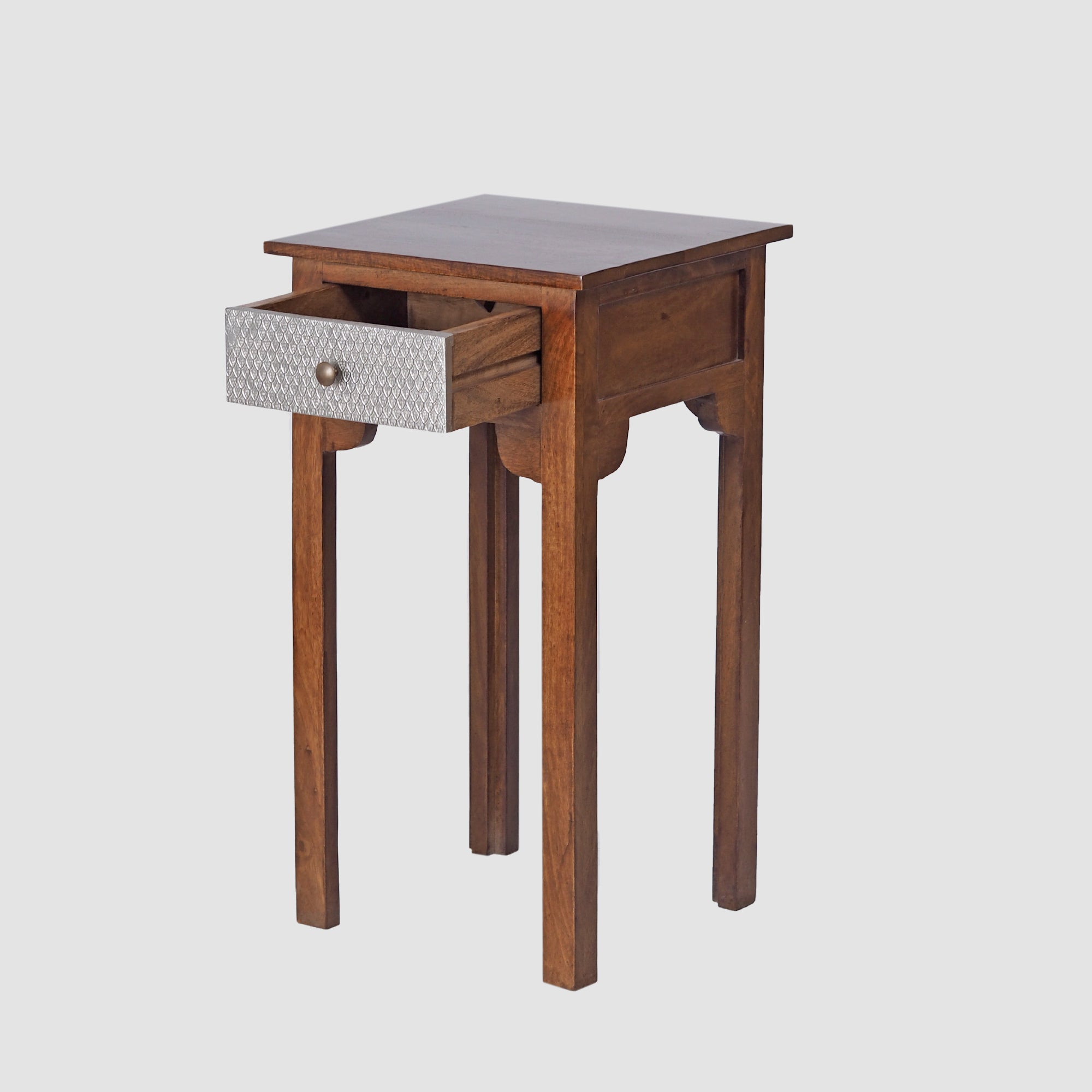 Handcrafted Wooden Bedside Table with Metal Drawer