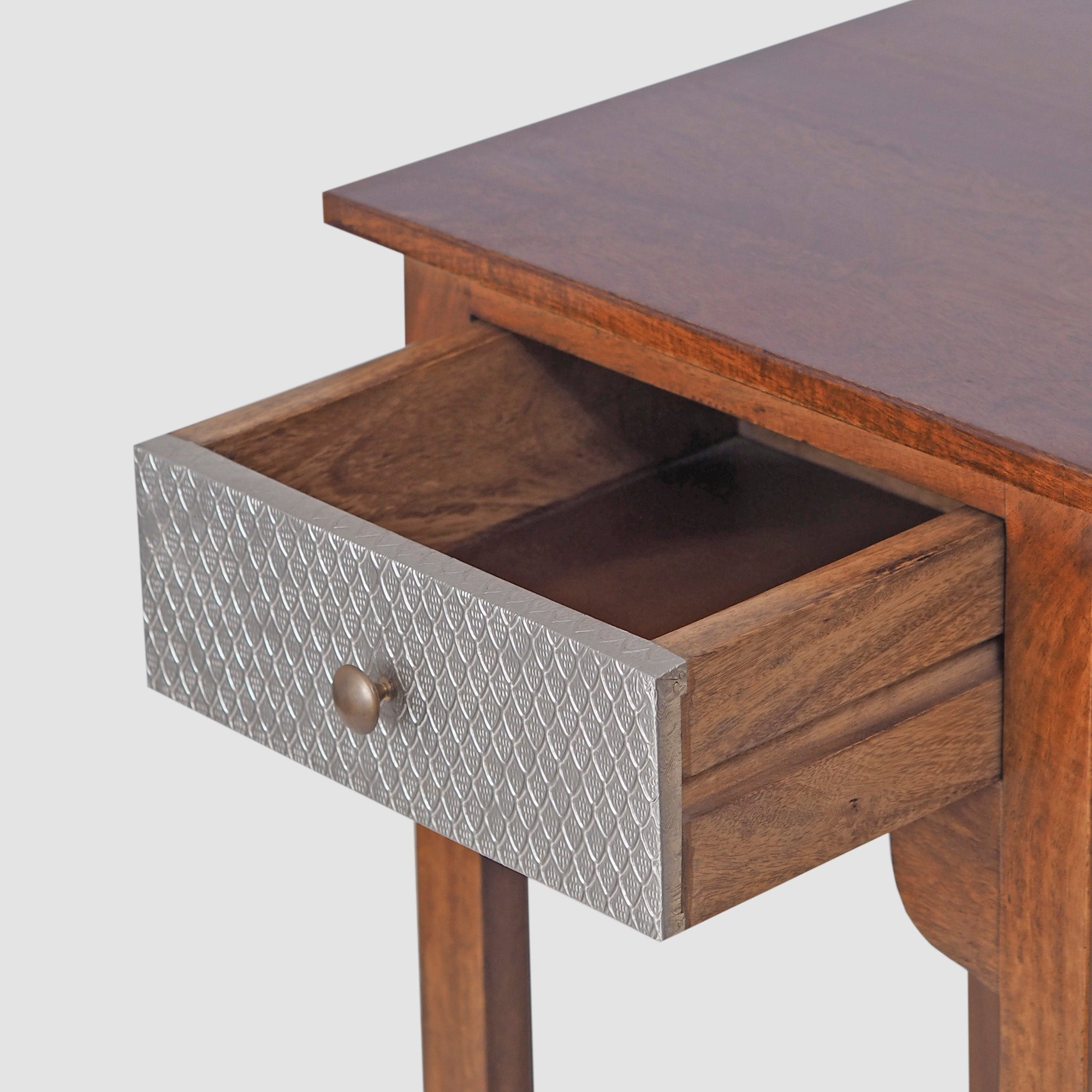 Handcrafted Wooden Bedside Table with Metal Drawer