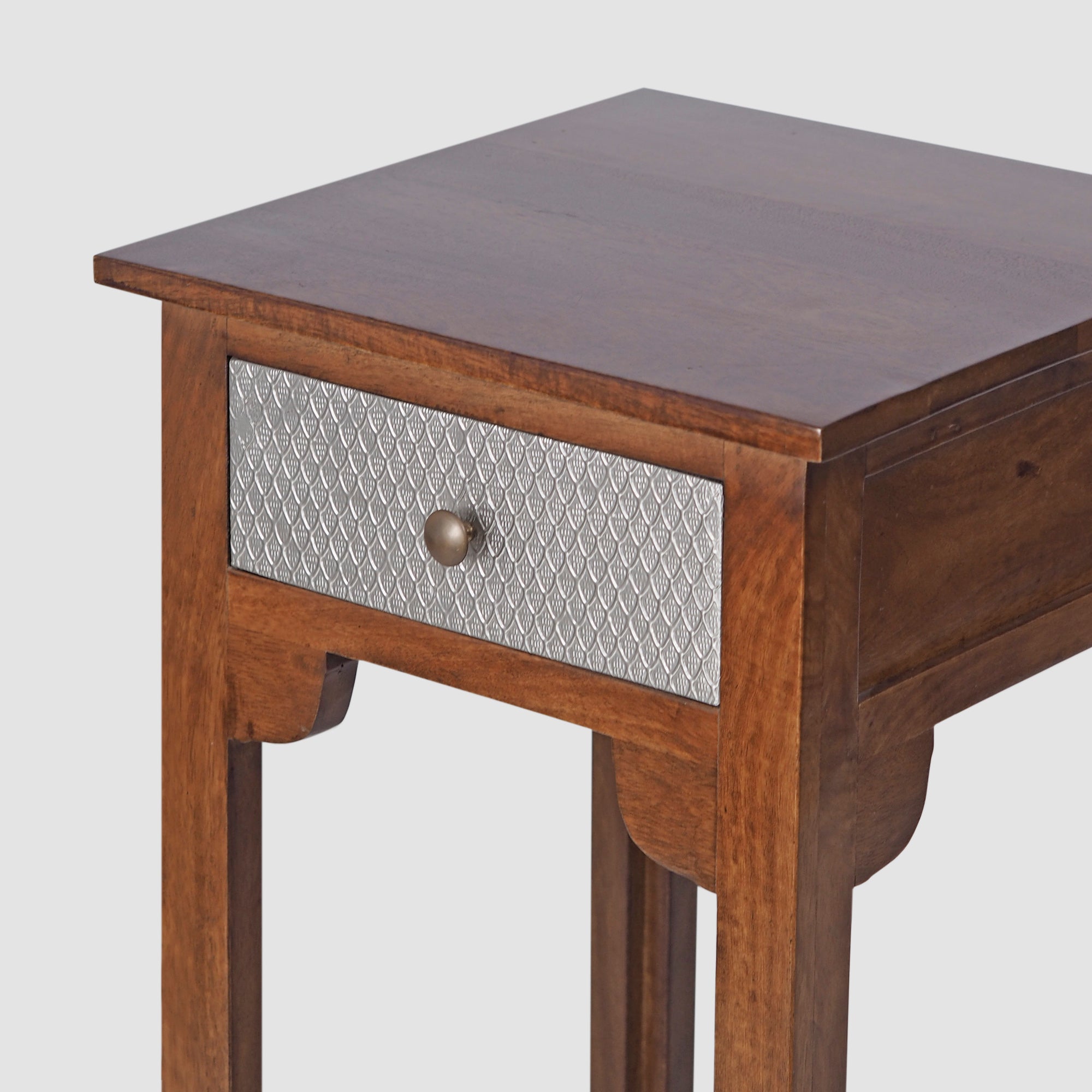 Handcrafted Wooden Bedside Table with Metal Drawer