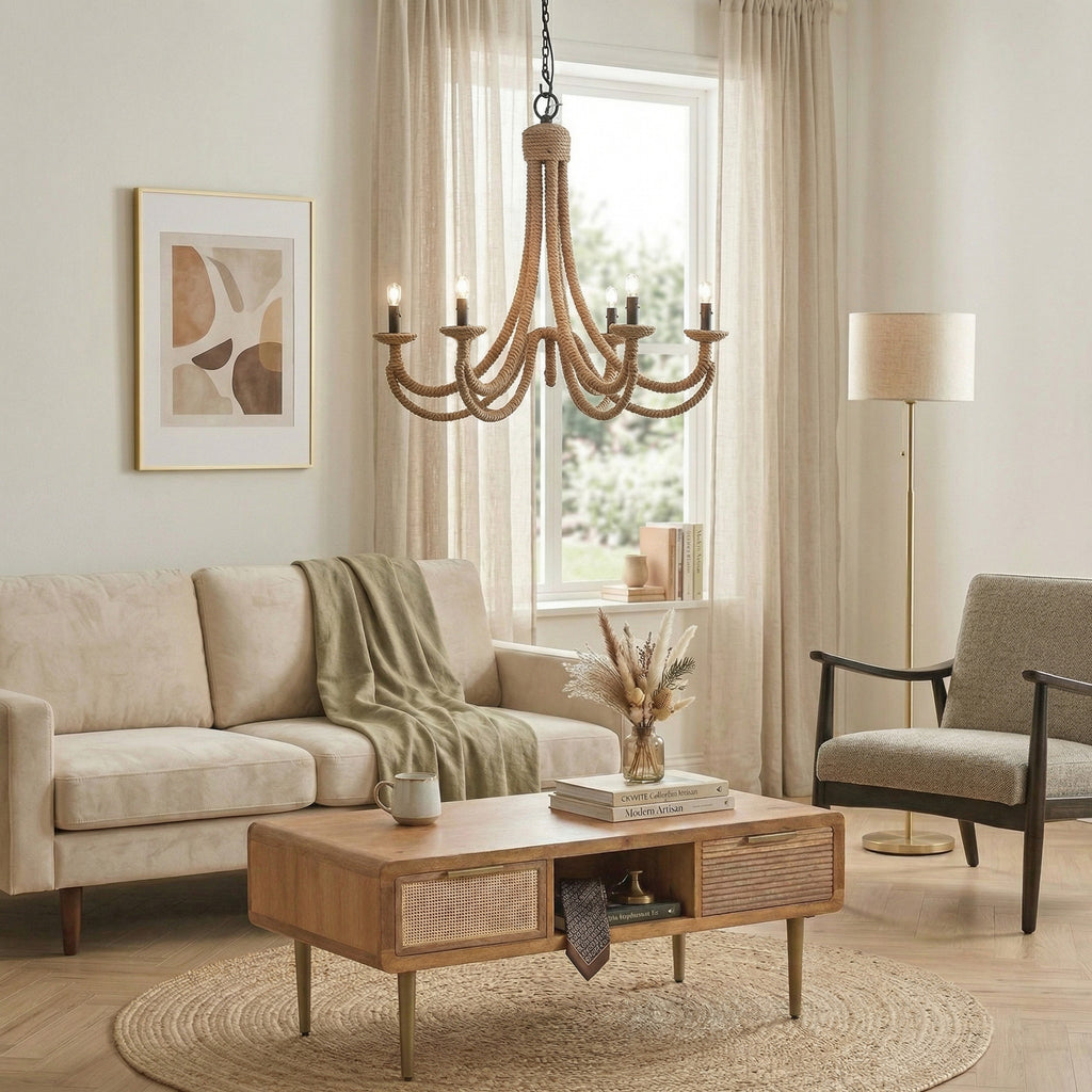 Rope Farmhouse Chandelier, Rustic Rope Ceiling Light