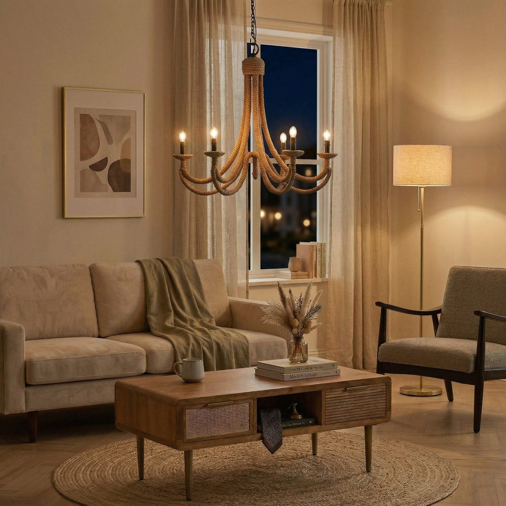 Rope Farmhouse Chandelier, Rustic Rope Ceiling Light