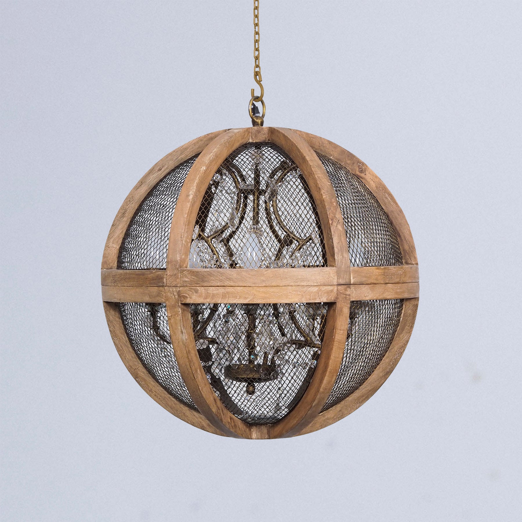 Round Wood Sphere Mesh Chandelier