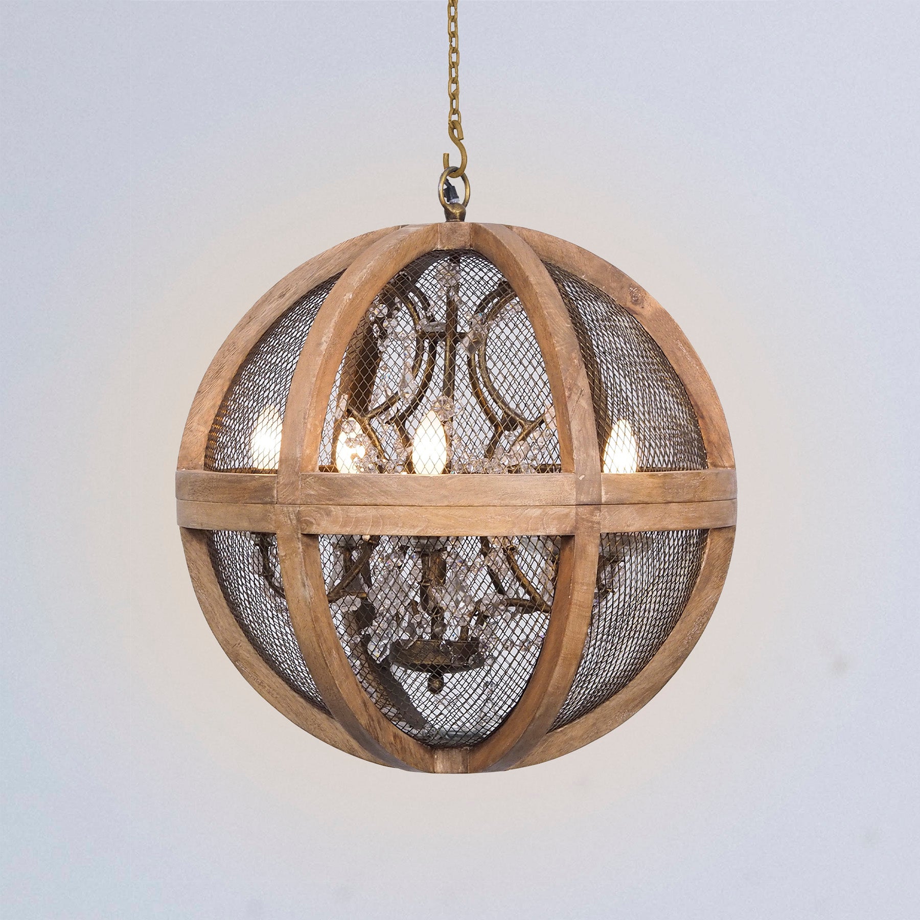 Round Wood Sphere Mesh Chandelier