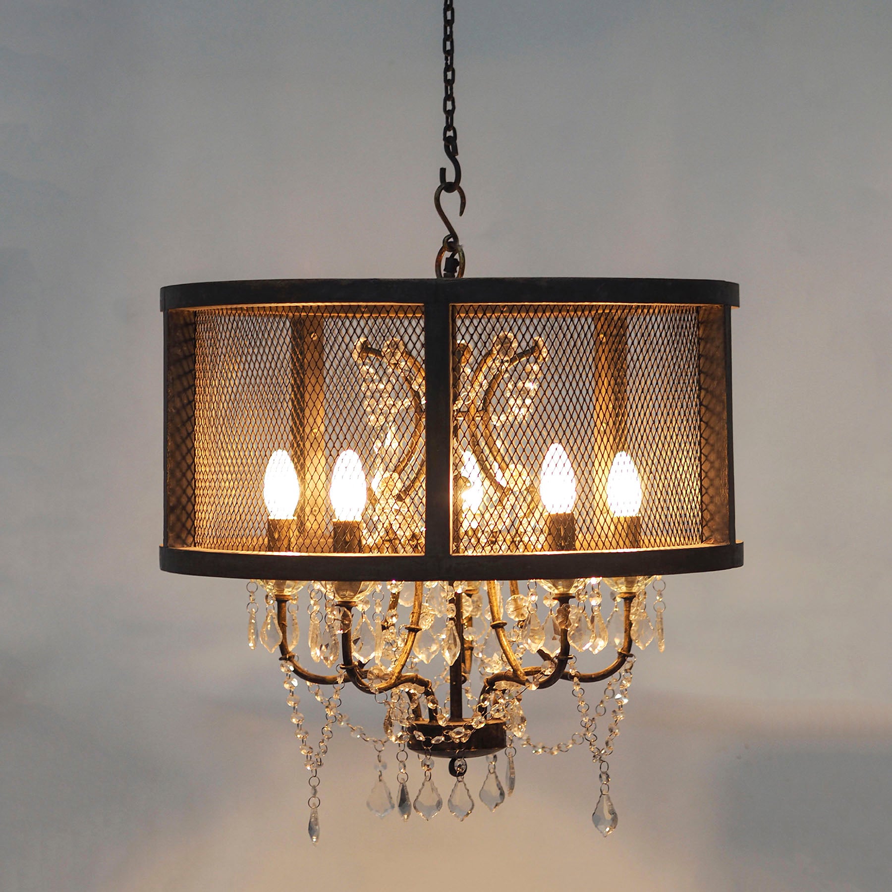 Wood Mesh Chandelier with Crystal Droplets (24")