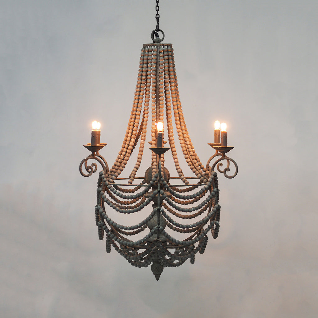 Beaded Farmhouse Chandelier, Rustic Wood Bead Chandelier