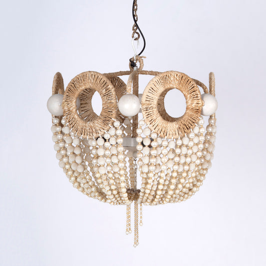 Pearl Beaded Chandelier – 3 Light Coastal Rope & Metal Ceiling Light (24")