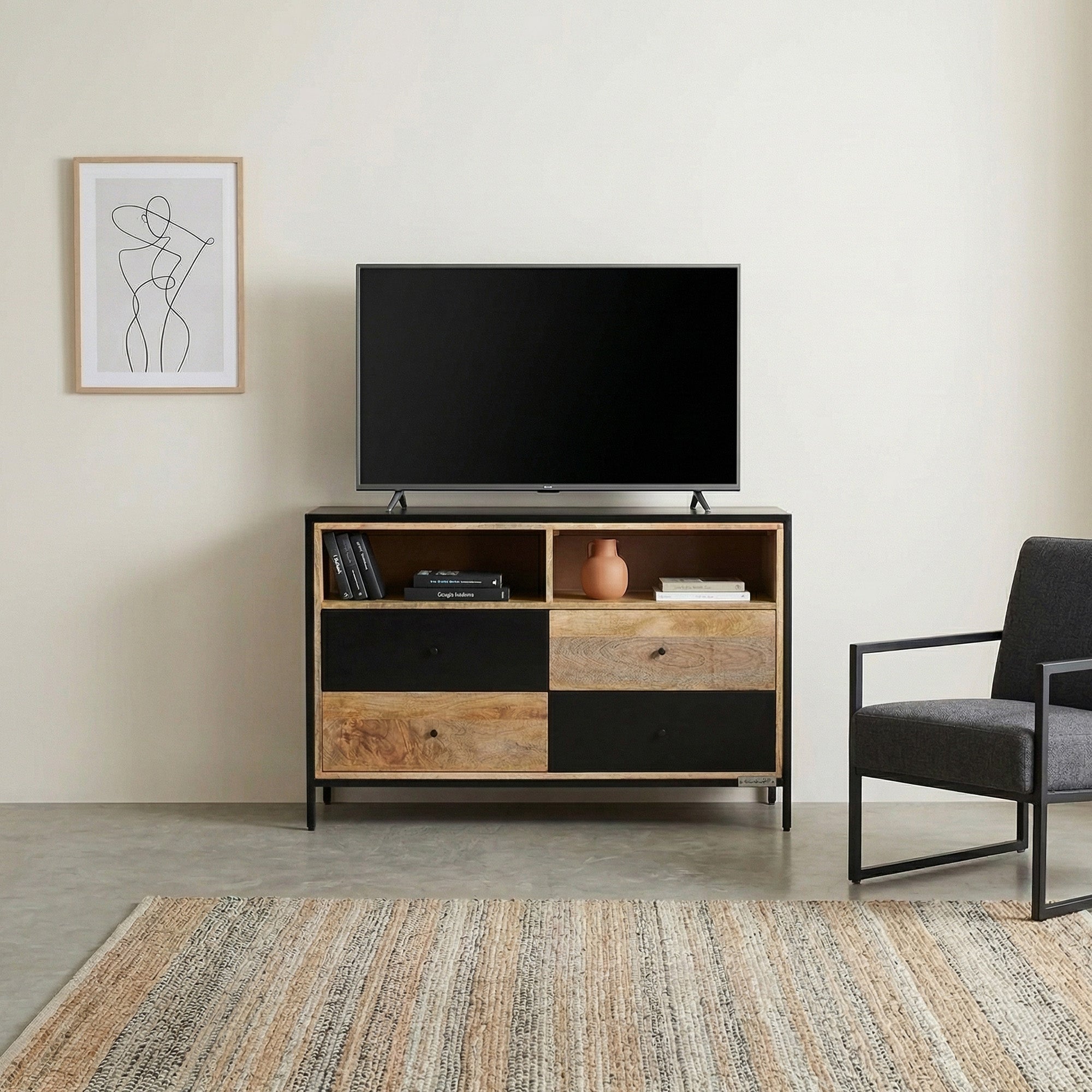 Modern Mango Wood Cabinet with Black Drawers