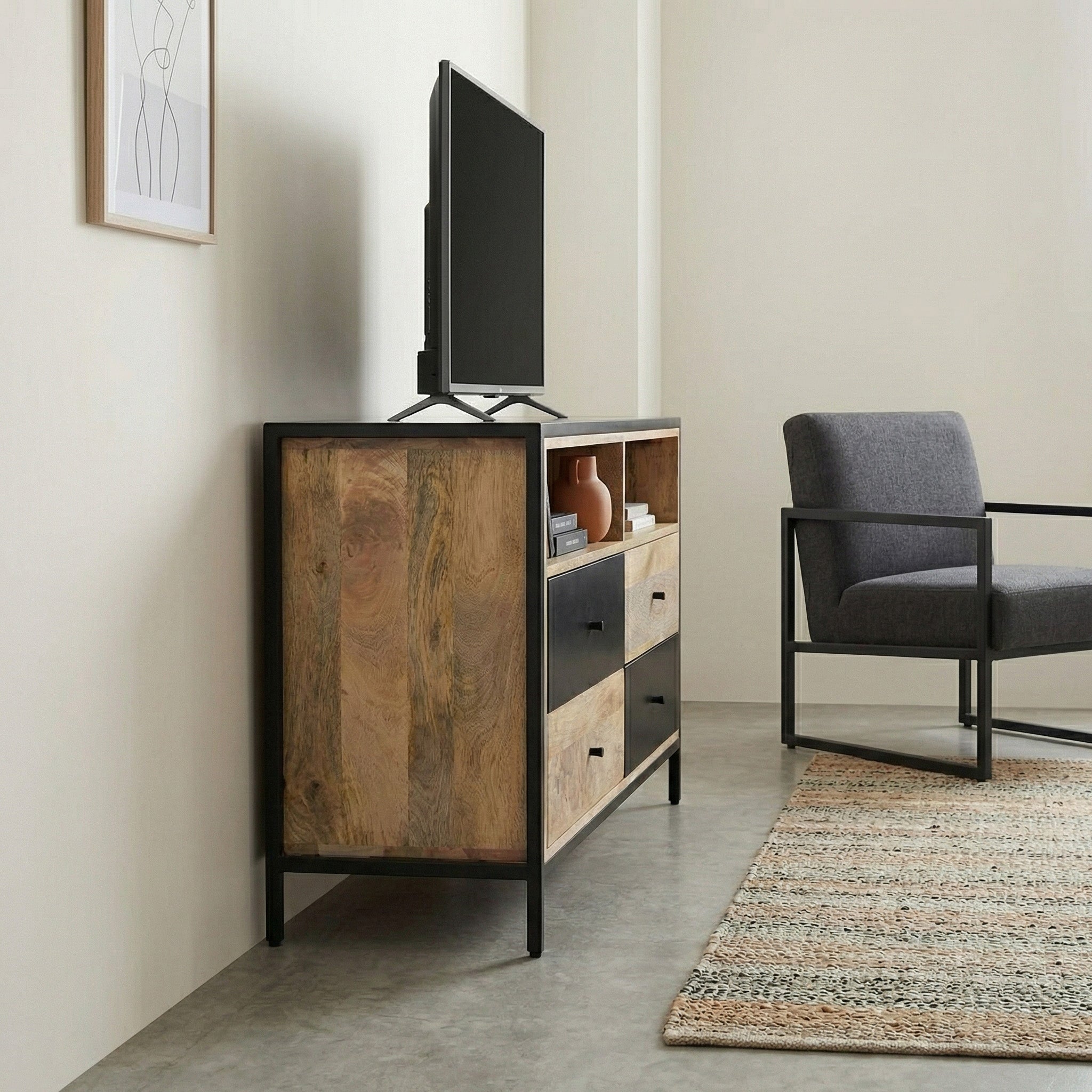 Modern Mango Wood Cabinet with Black Drawers