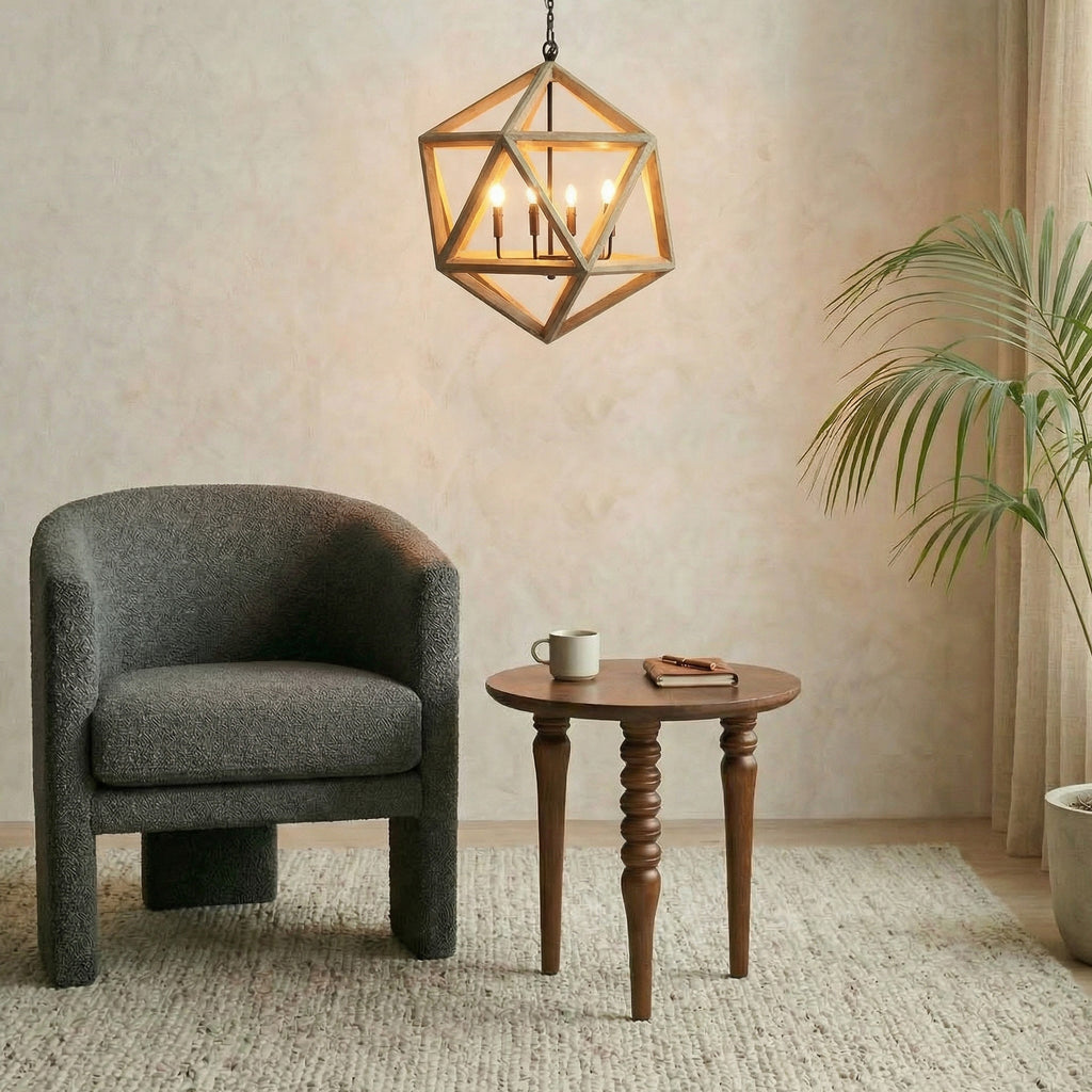 Rustic 5 Light Dining Chandelier, Geometric Wood Chandelier