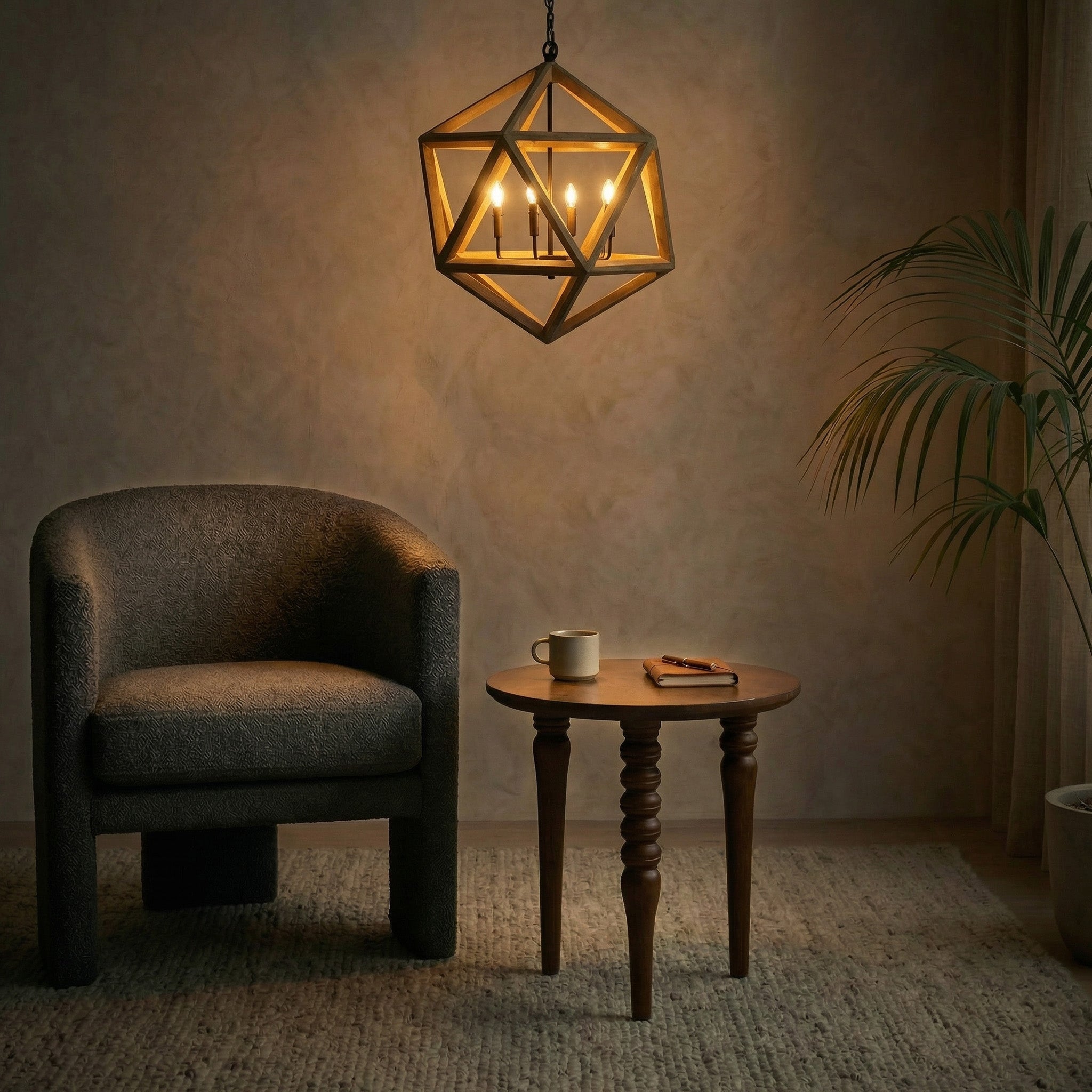 Rustic 5 Light Dining Chandelier, Geometric Wood Chandelier