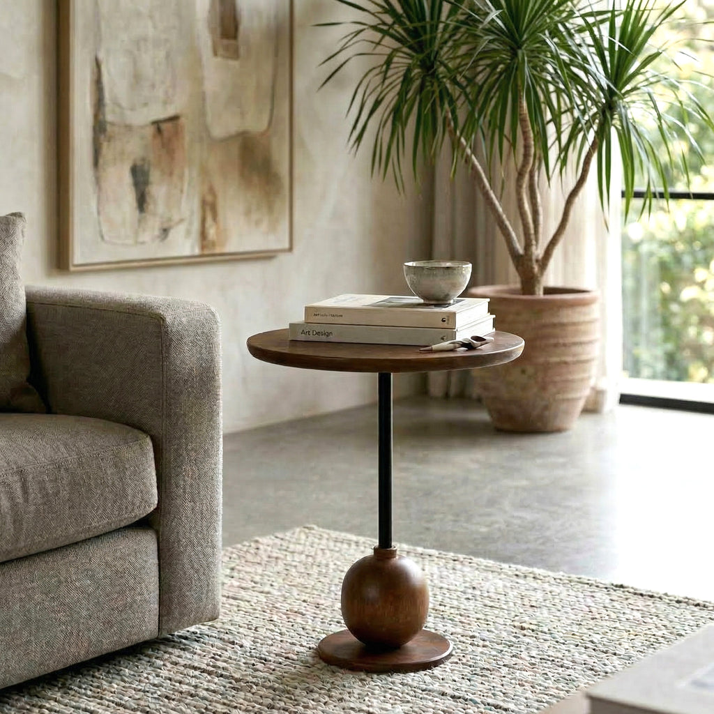 Elegant Wooden Side Table with Spherical Base