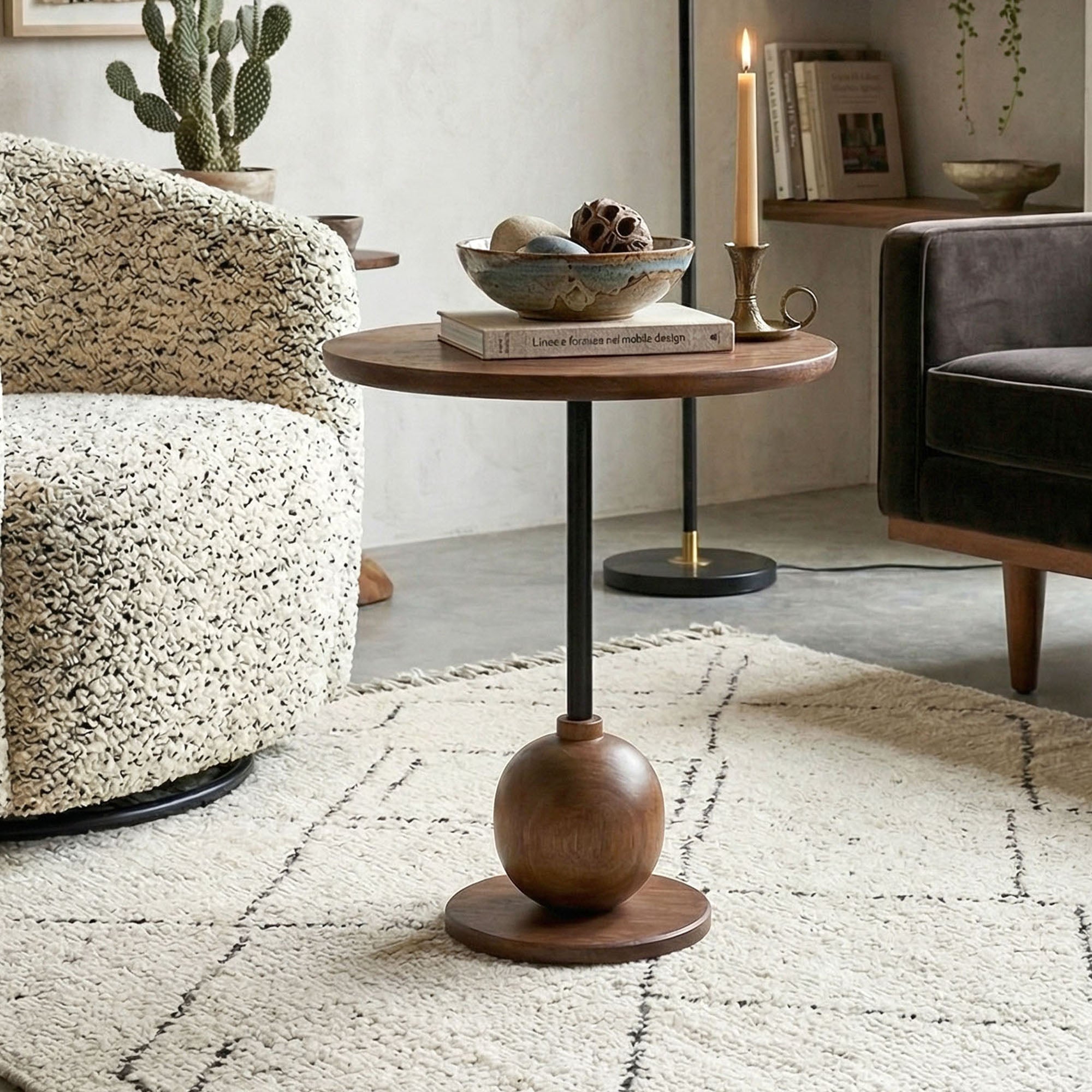 Elegant Wooden Side Table with Spherical Base