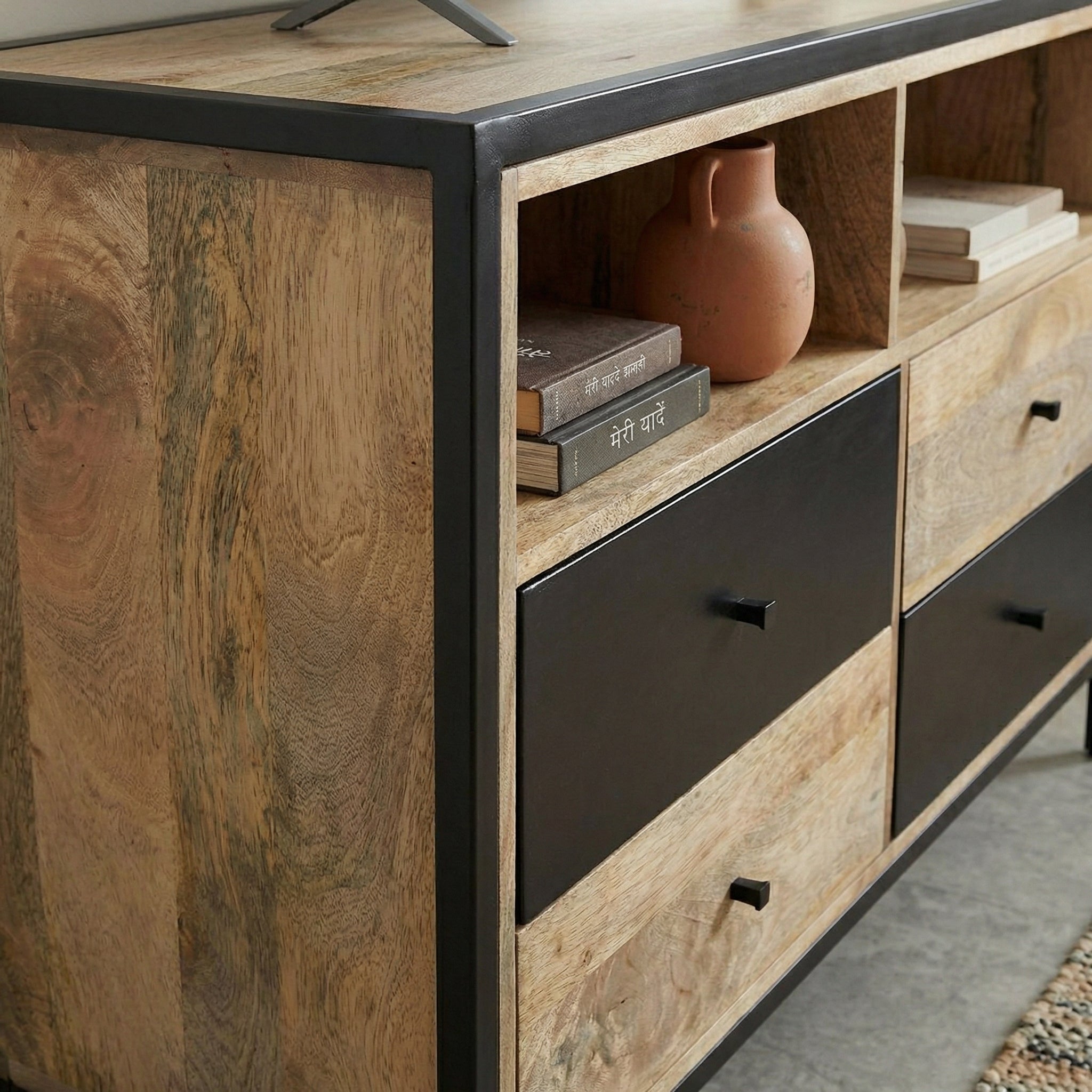 Modern Mango Wood Cabinet with Black Drawers