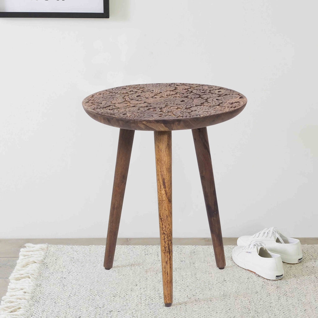 Wooden side table with Hand curved design