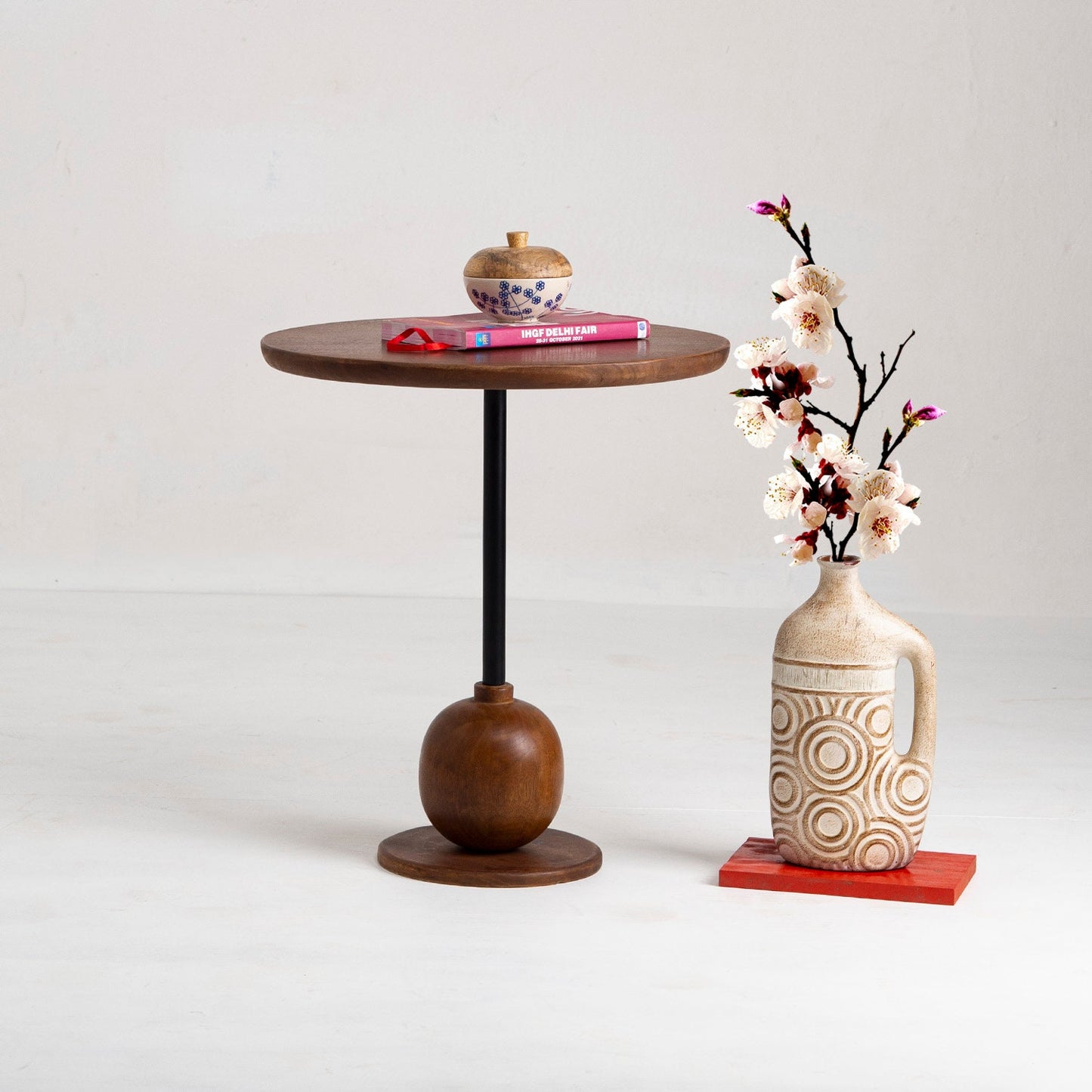 Elegant Wooden Side Table with Spherical Base