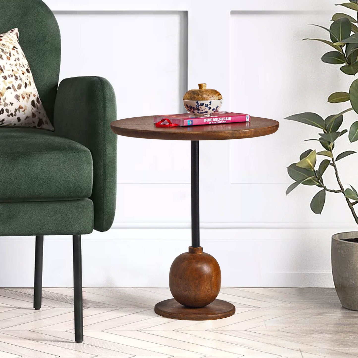 Elegant Wooden Side Table with Spherical Base